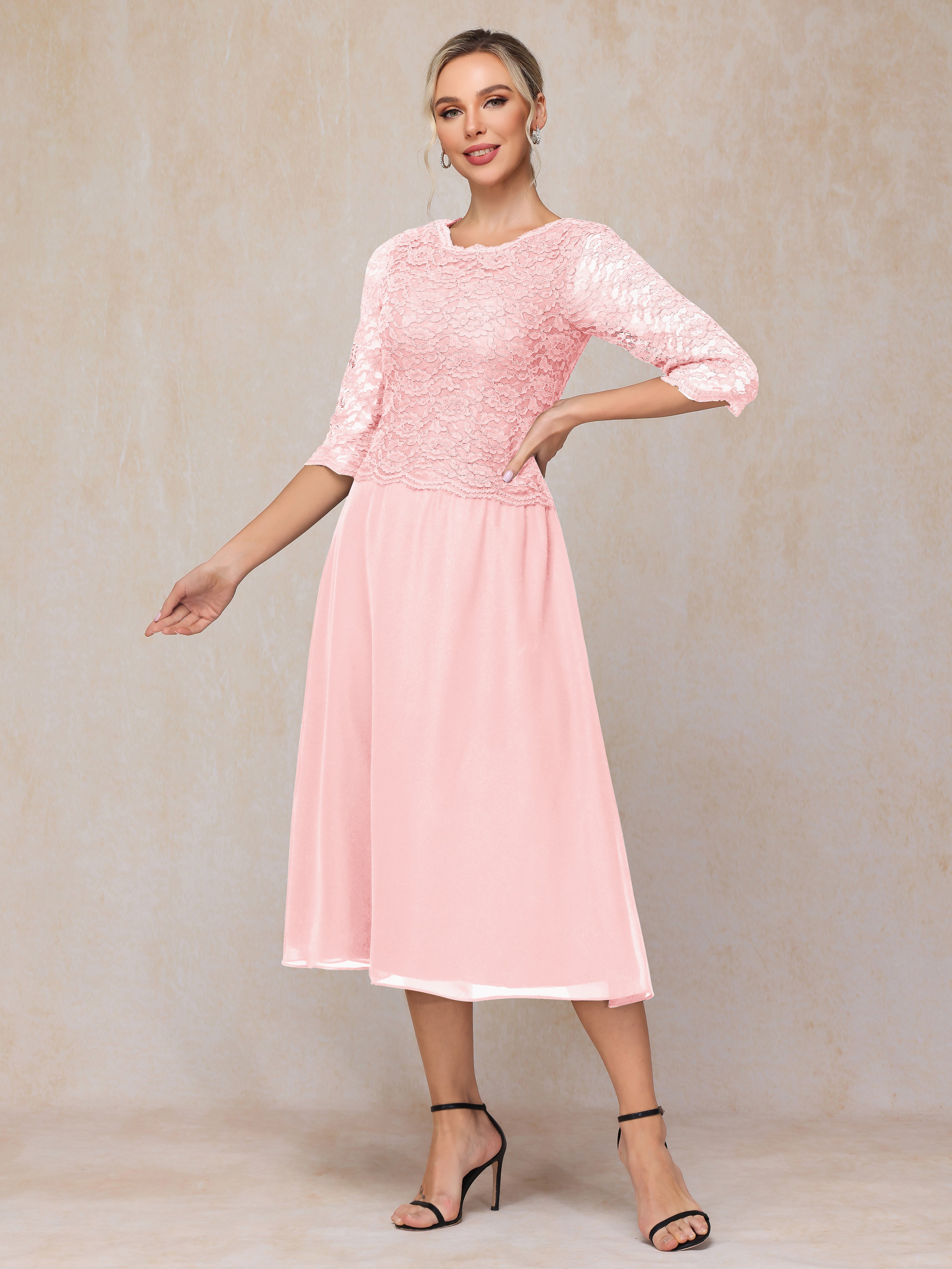 A-Line Tea Length Chiffon Lace Mother Of The Bride Dress