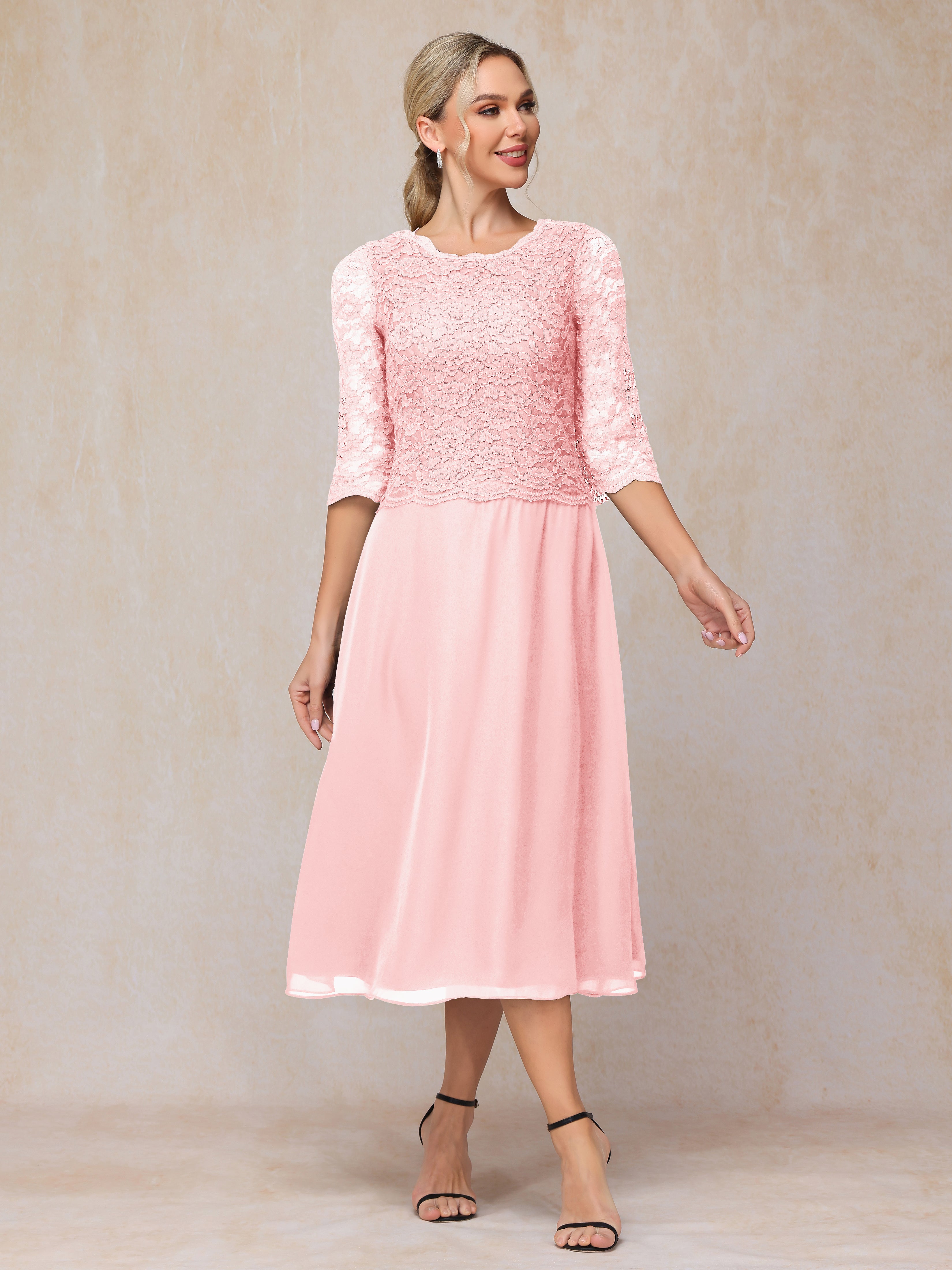 A-Line Tea Length Chiffon Lace Mother Of The Bride Dress