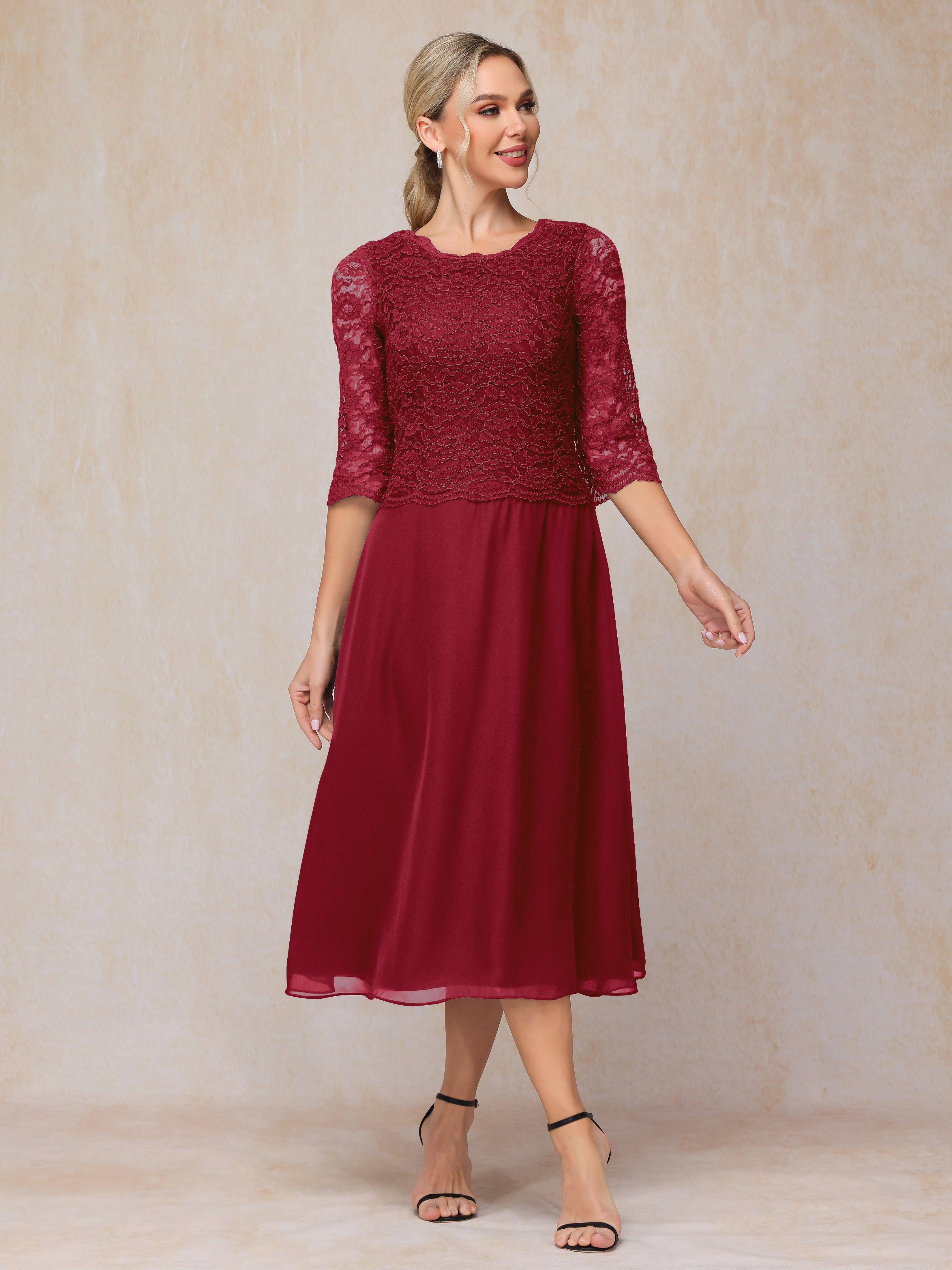 A-Line Tea Length Chiffon Lace Mother Of The  Groom Dress