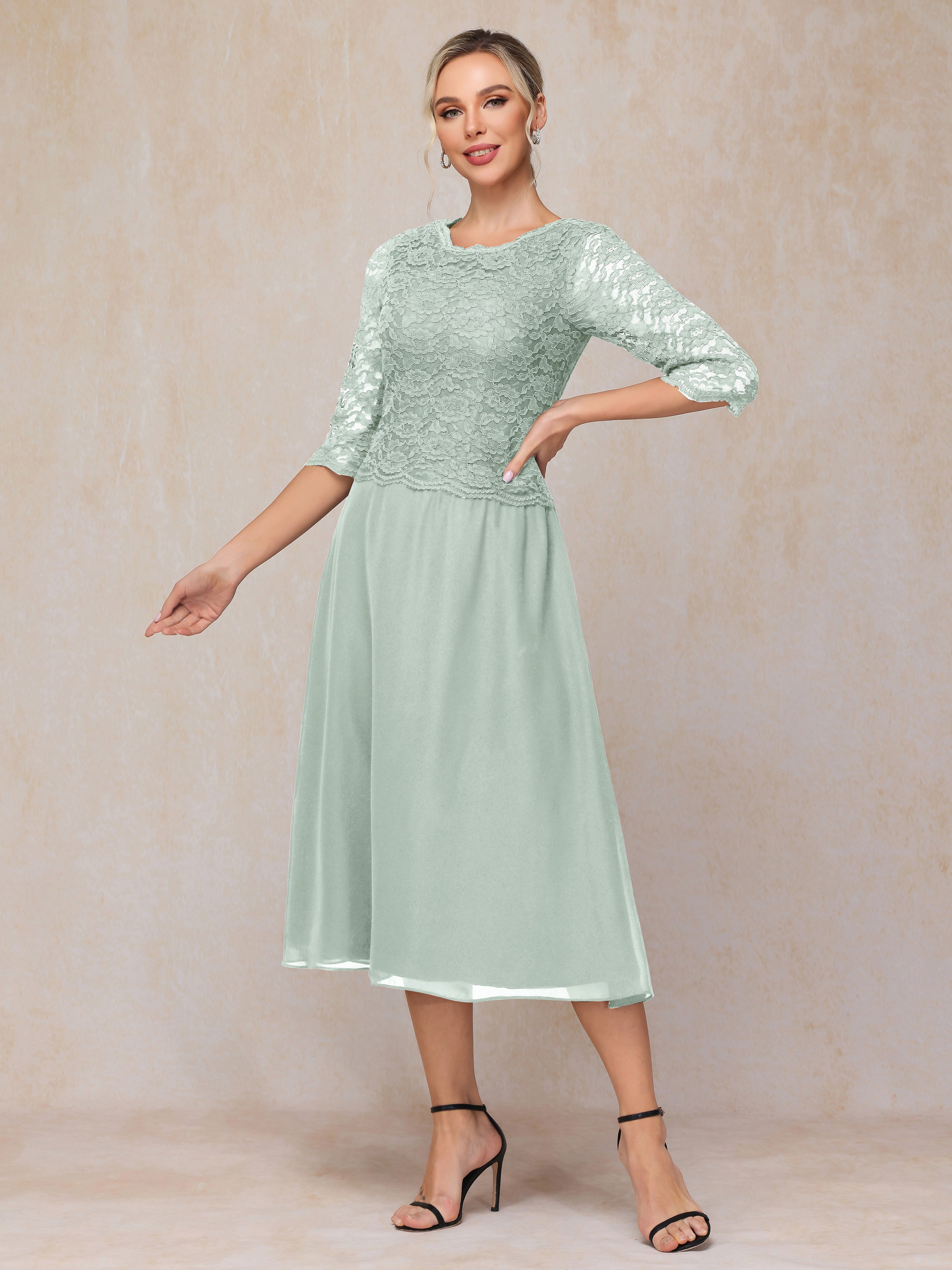 A-Line Tea Length Chiffon Lace Mother Of The Bride Dress