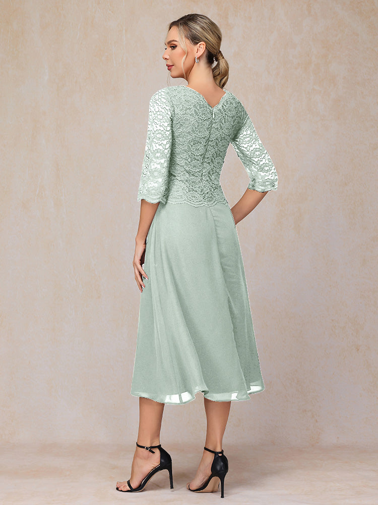 A-Line Tea Length Chiffon Lace Mother Of The Bride Dress