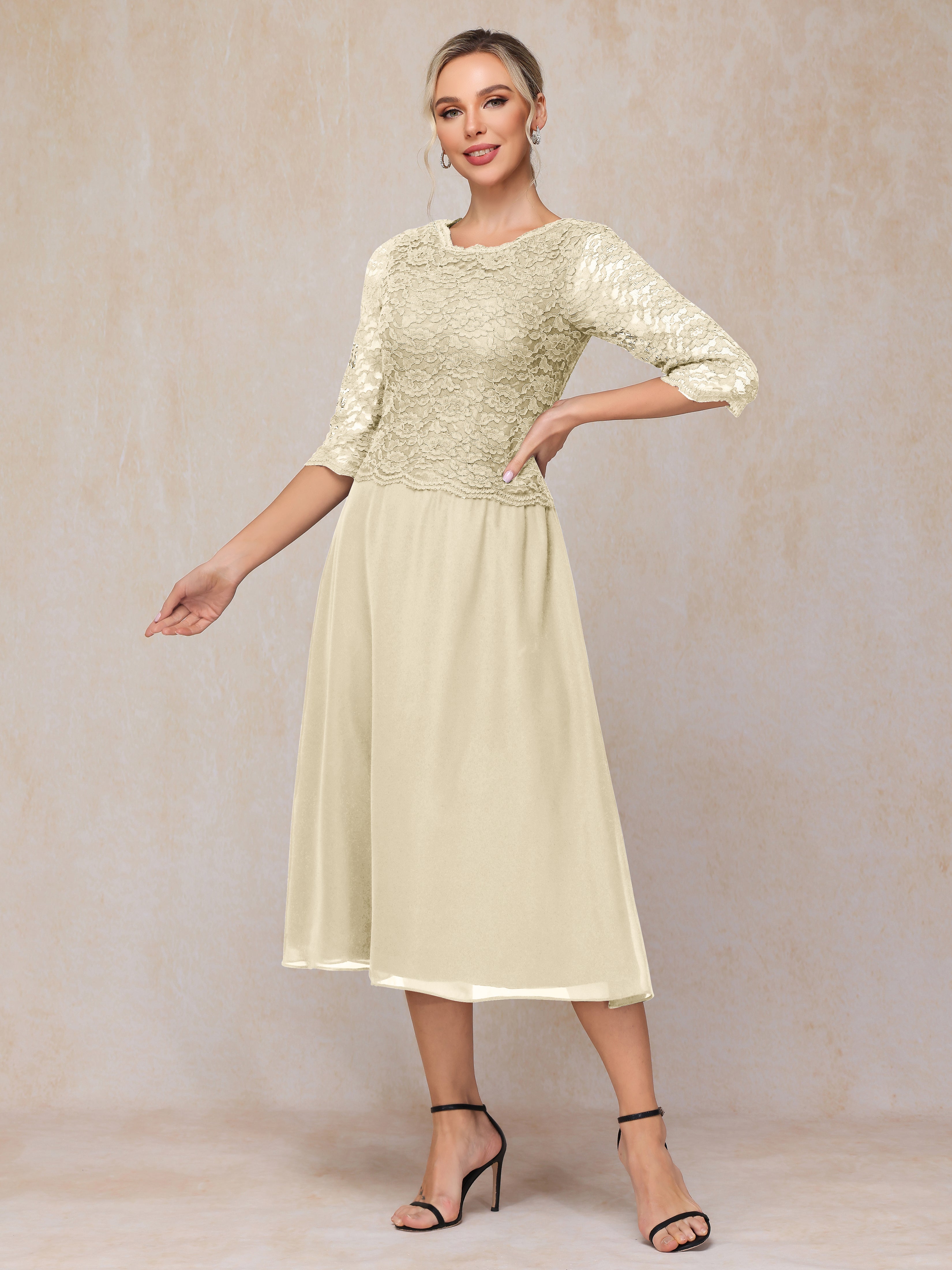 A-Line Tea Length Chiffon Lace Mother Of The Bride Dress