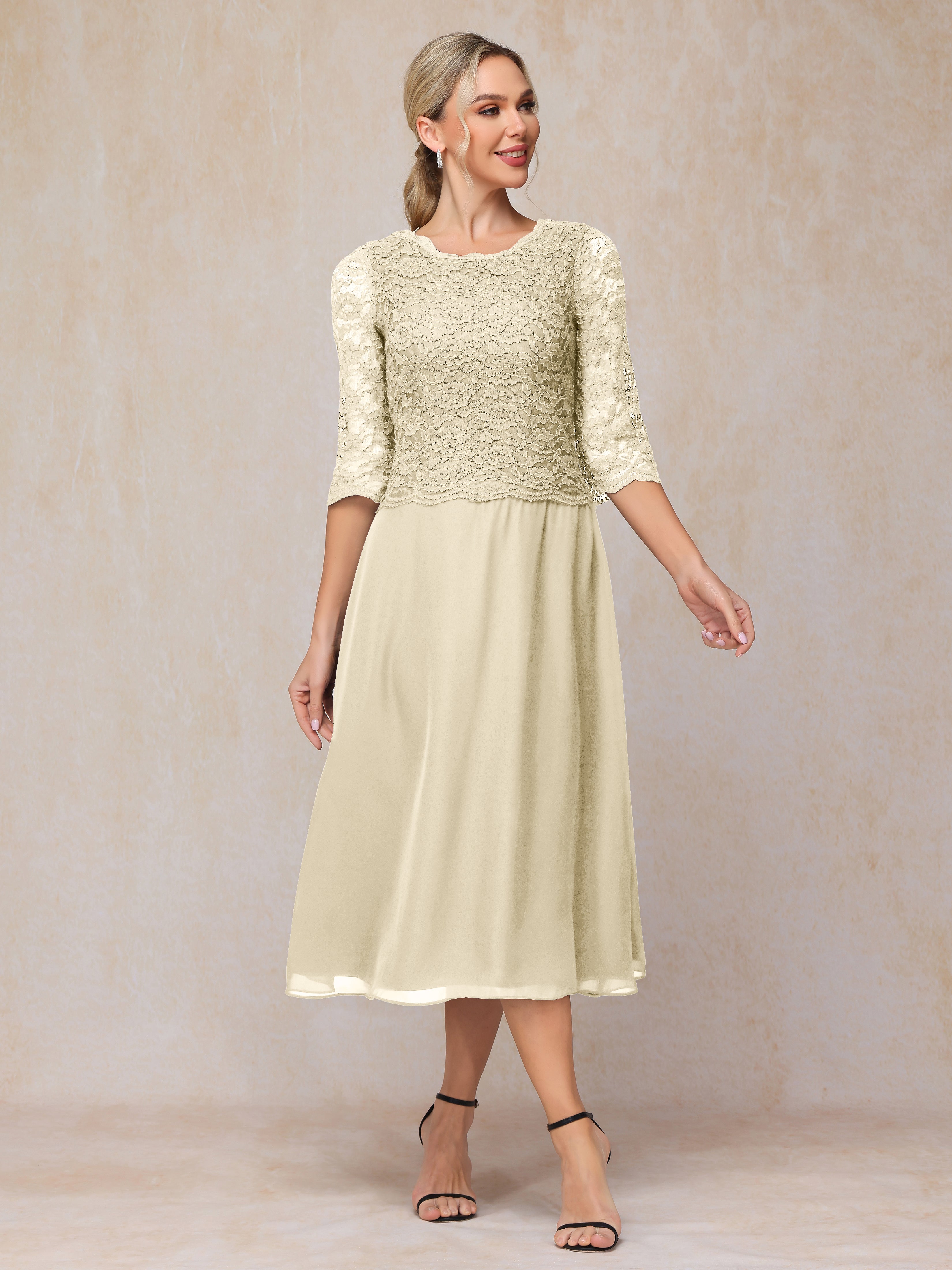 A-Line Tea Length Chiffon Lace Mother Of The Bride Dress