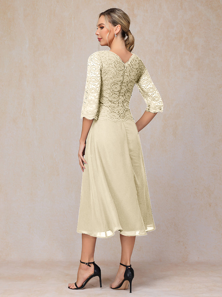 A-Line Tea Length Chiffon Lace Mother Of The Bride Dress