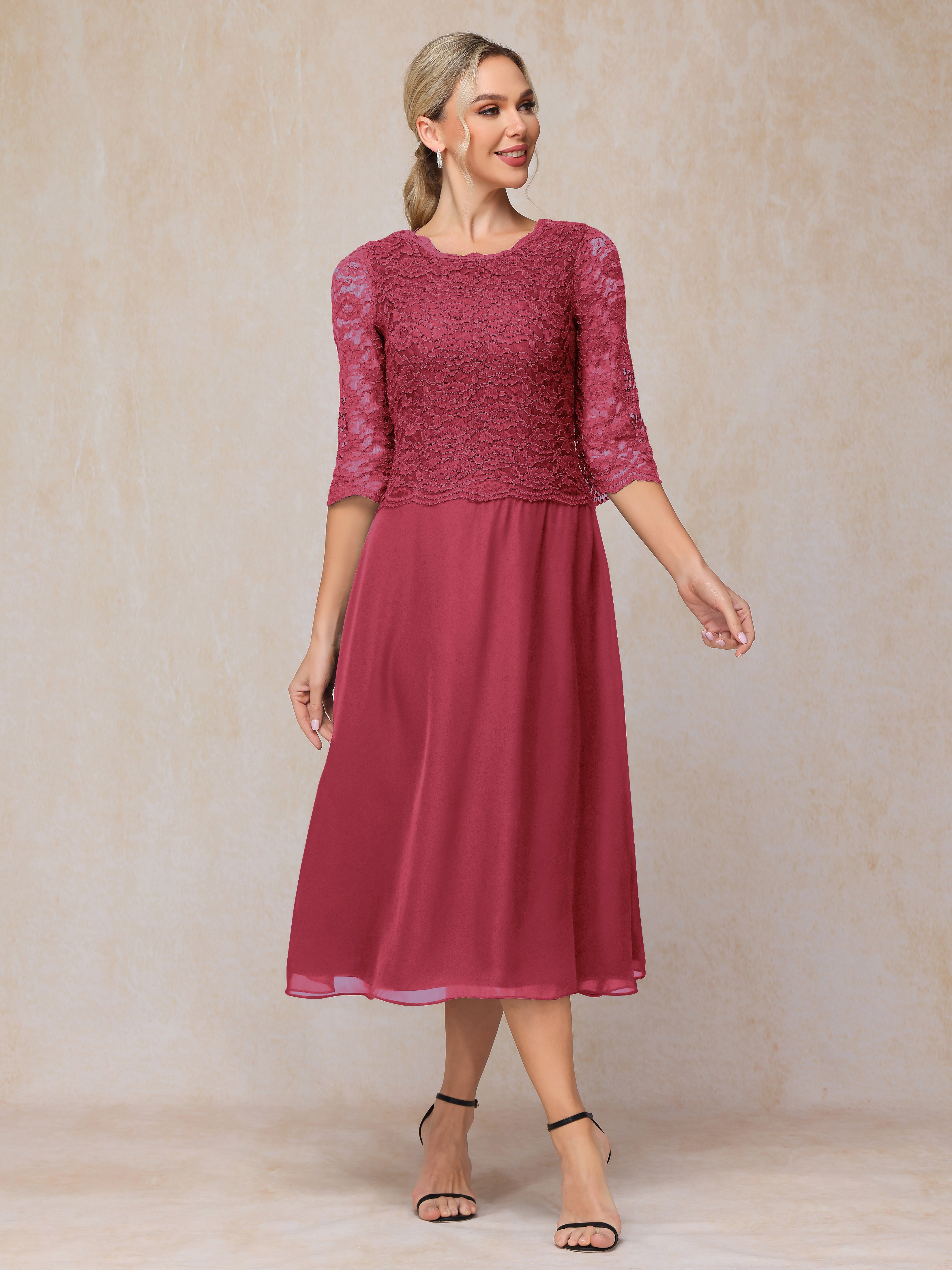 A-Line Tea Length Chiffon Lace Mother Of The Bride Dress