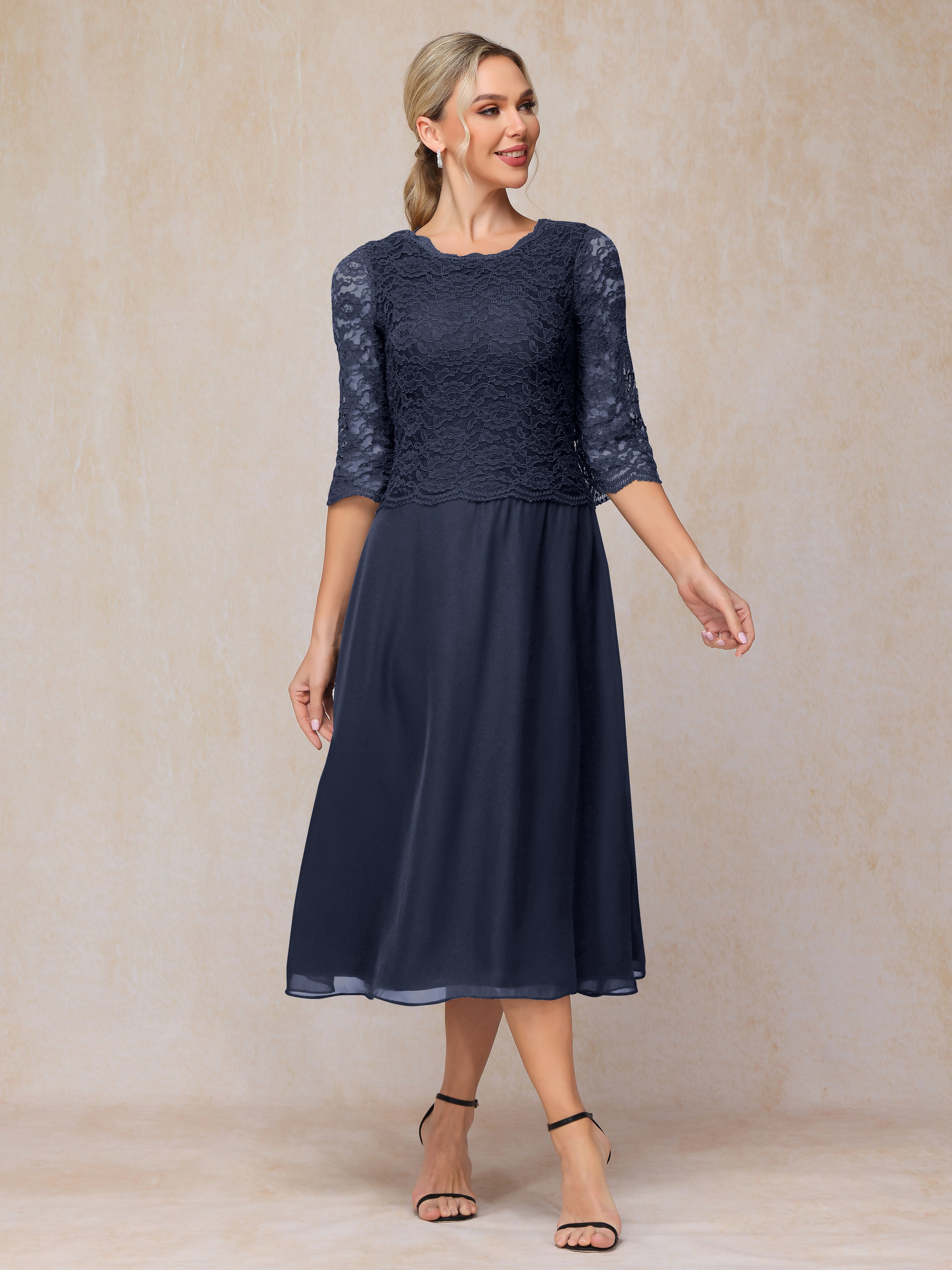 A-Line Tea Length Chiffon Lace Mother Of The Bride Dress