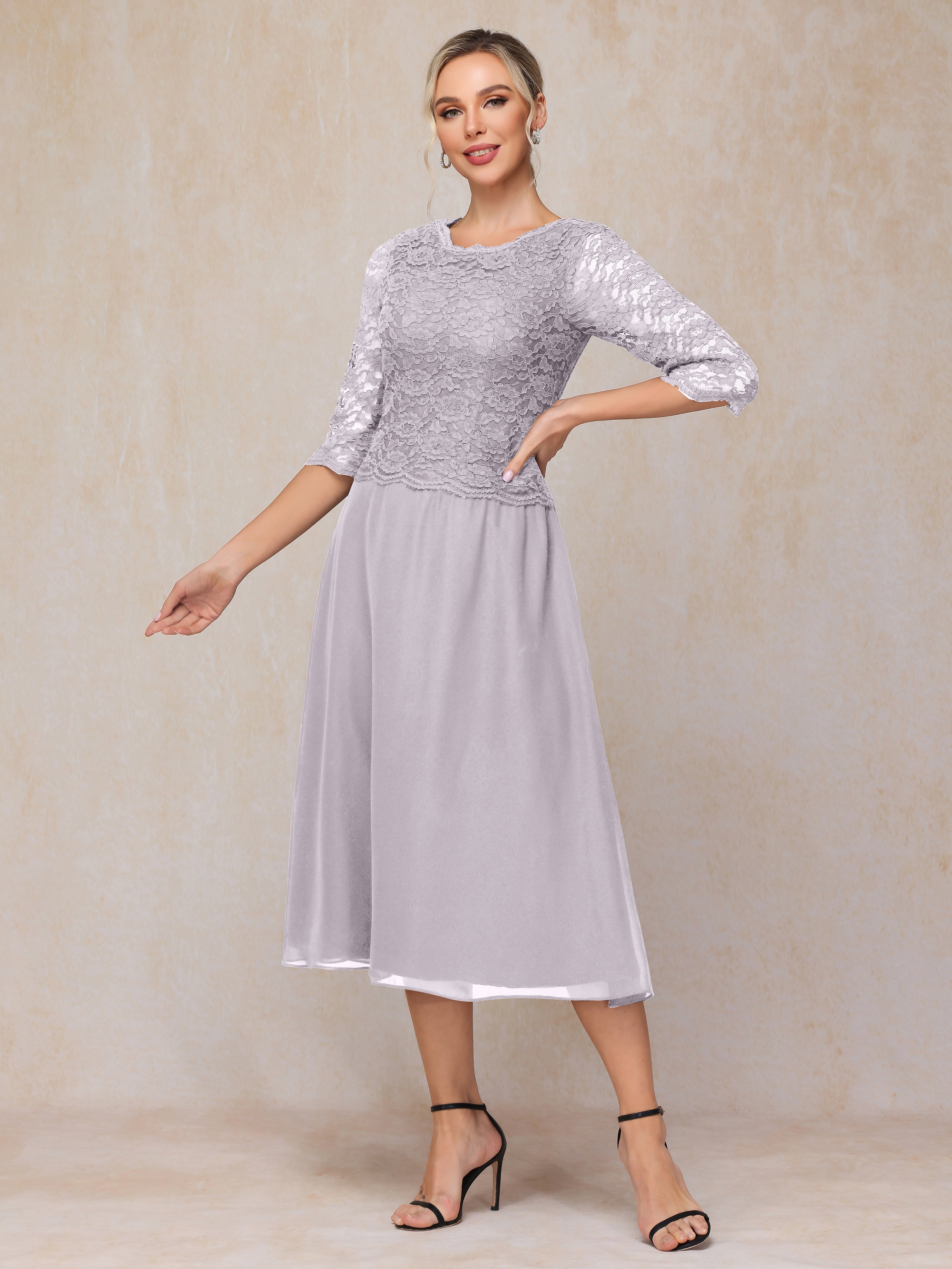 A-Line Tea Length Chiffon Lace Mother Of The Bride Dress