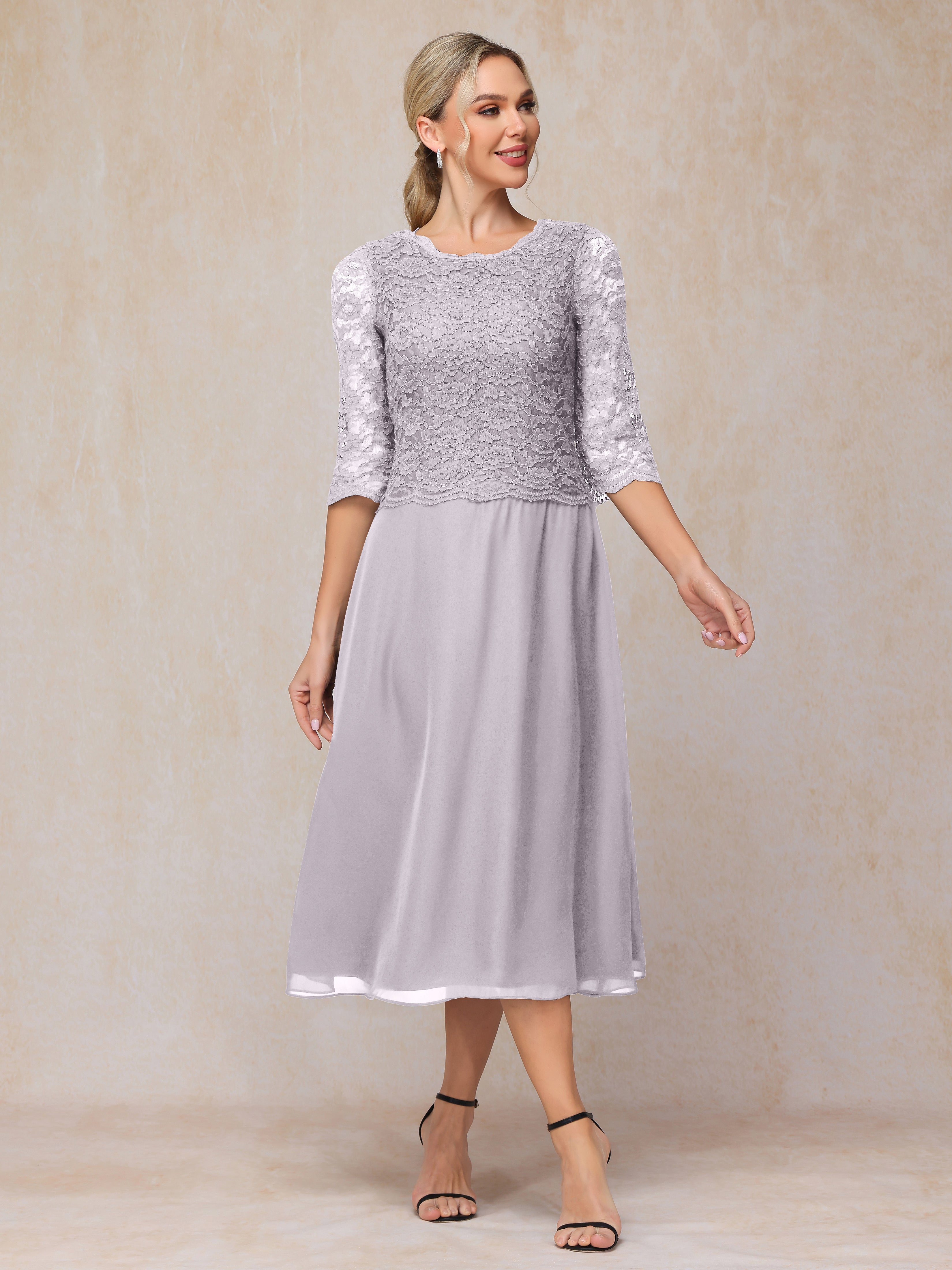 A-Line Tea Length Chiffon Lace Mother Of The Bride Dress