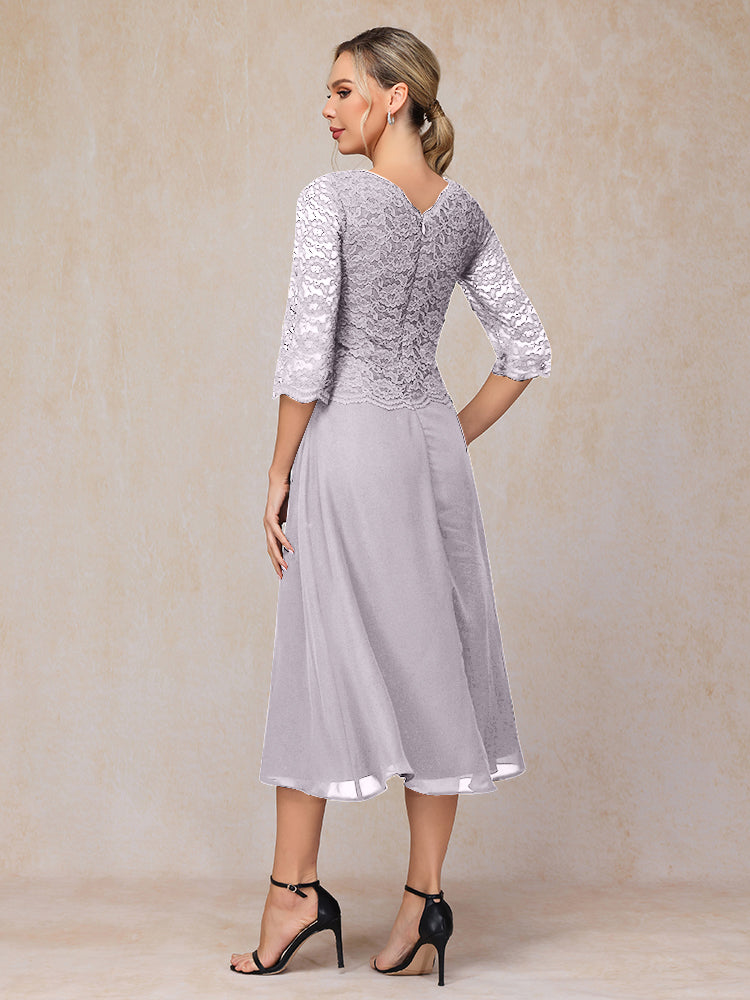 A-Line Tea Length Chiffon Lace Mother Of The Bride Dress