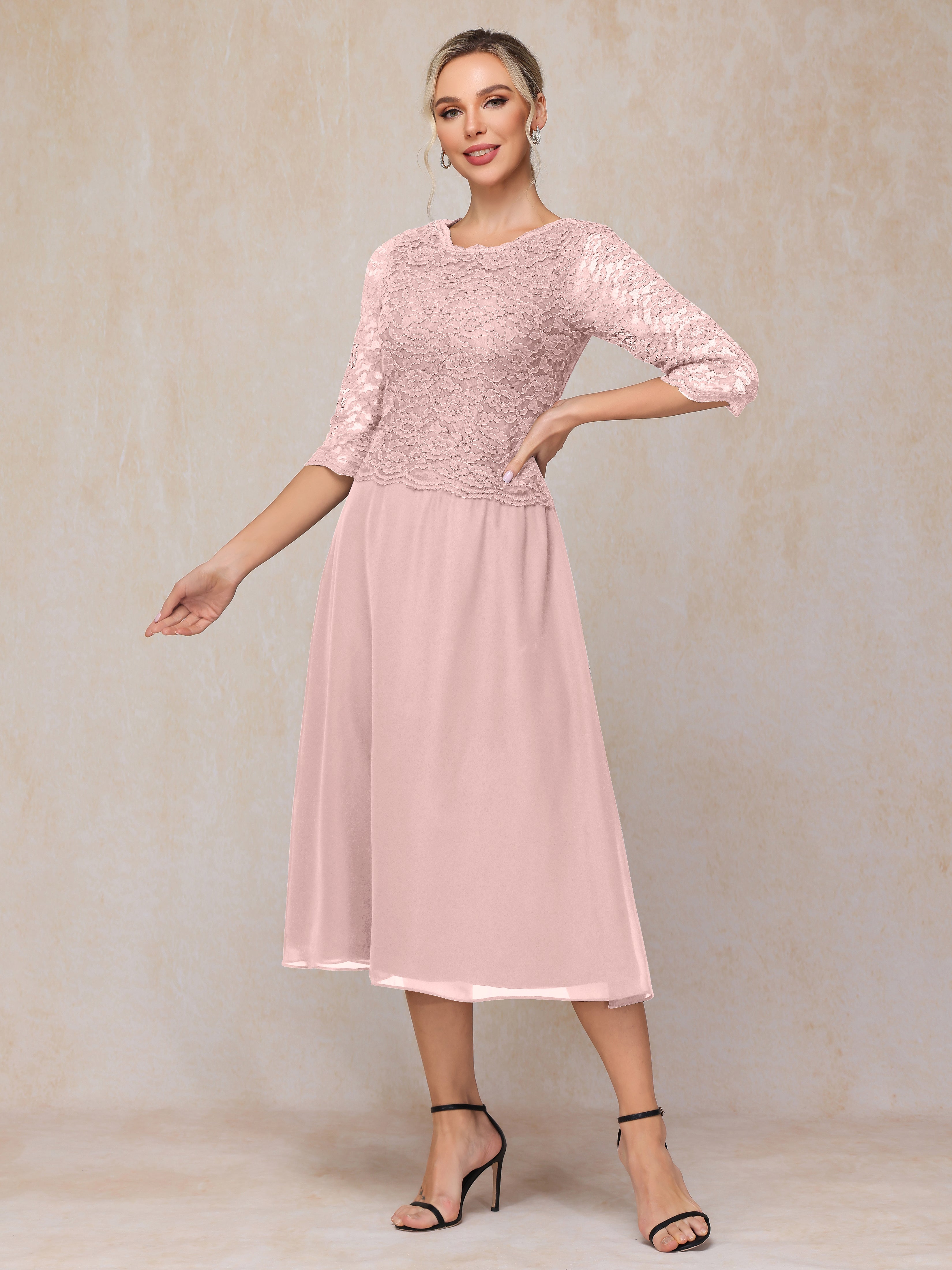 A-Line Tea Length Chiffon Lace Mother Of The Bride Dress