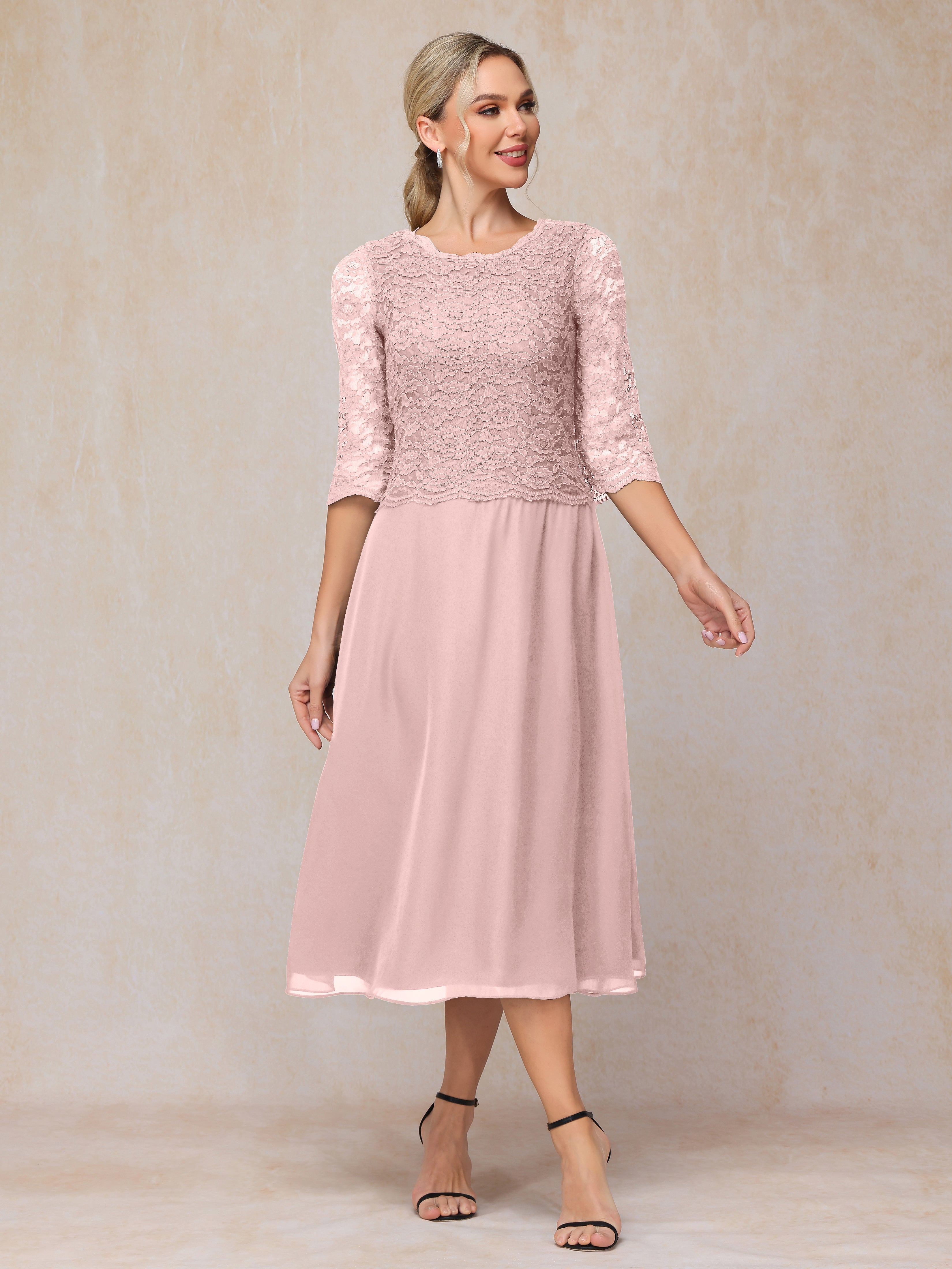 A-Line Tea Length Chiffon Lace Mother Of The Bride Dress