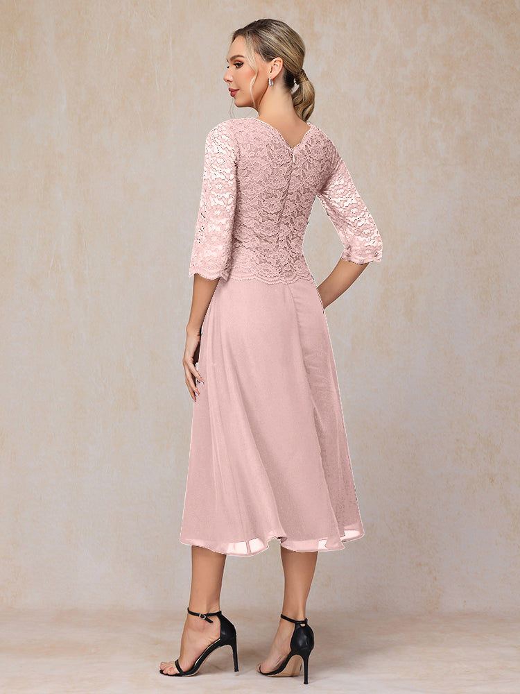 A-Line Tea Length Chiffon Lace Mother Of The Bride Dress