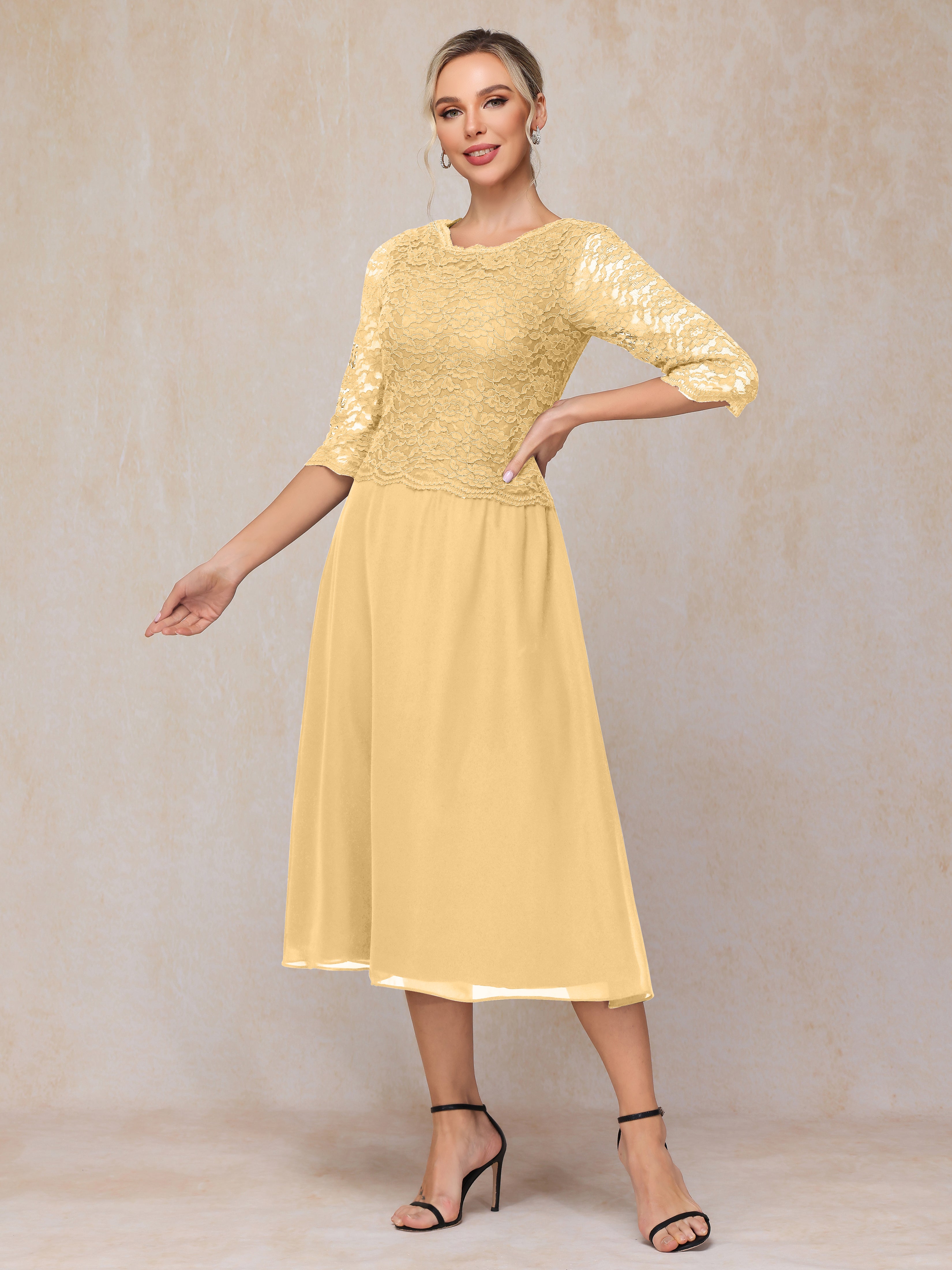 A-Line Tea Length Chiffon Lace Mother Of The Bride Dress