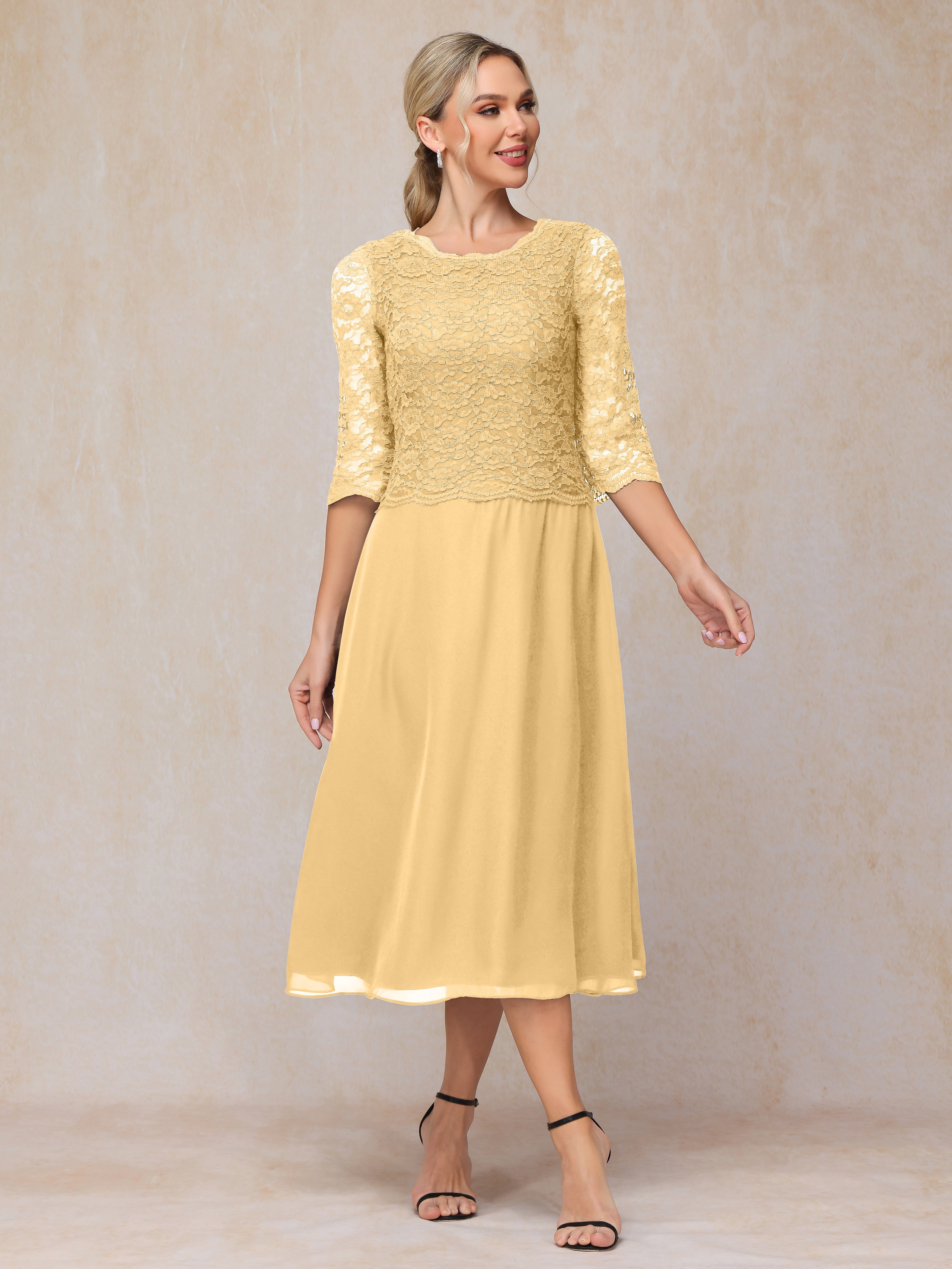 A-Line Tea Length Chiffon Lace Mother Of The  Groom Dress