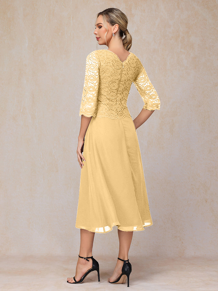 A-Line Tea Length Chiffon Lace Mother Of The Bride Dress