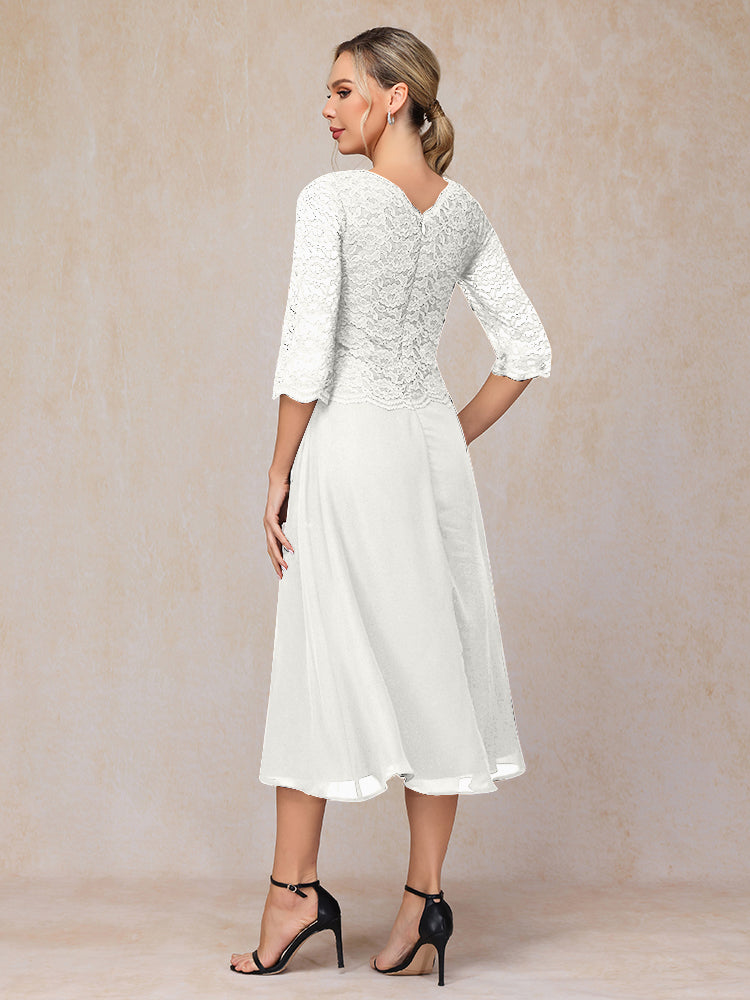 A-Line Tea Length Chiffon Lace Mother Of The Bride Dress