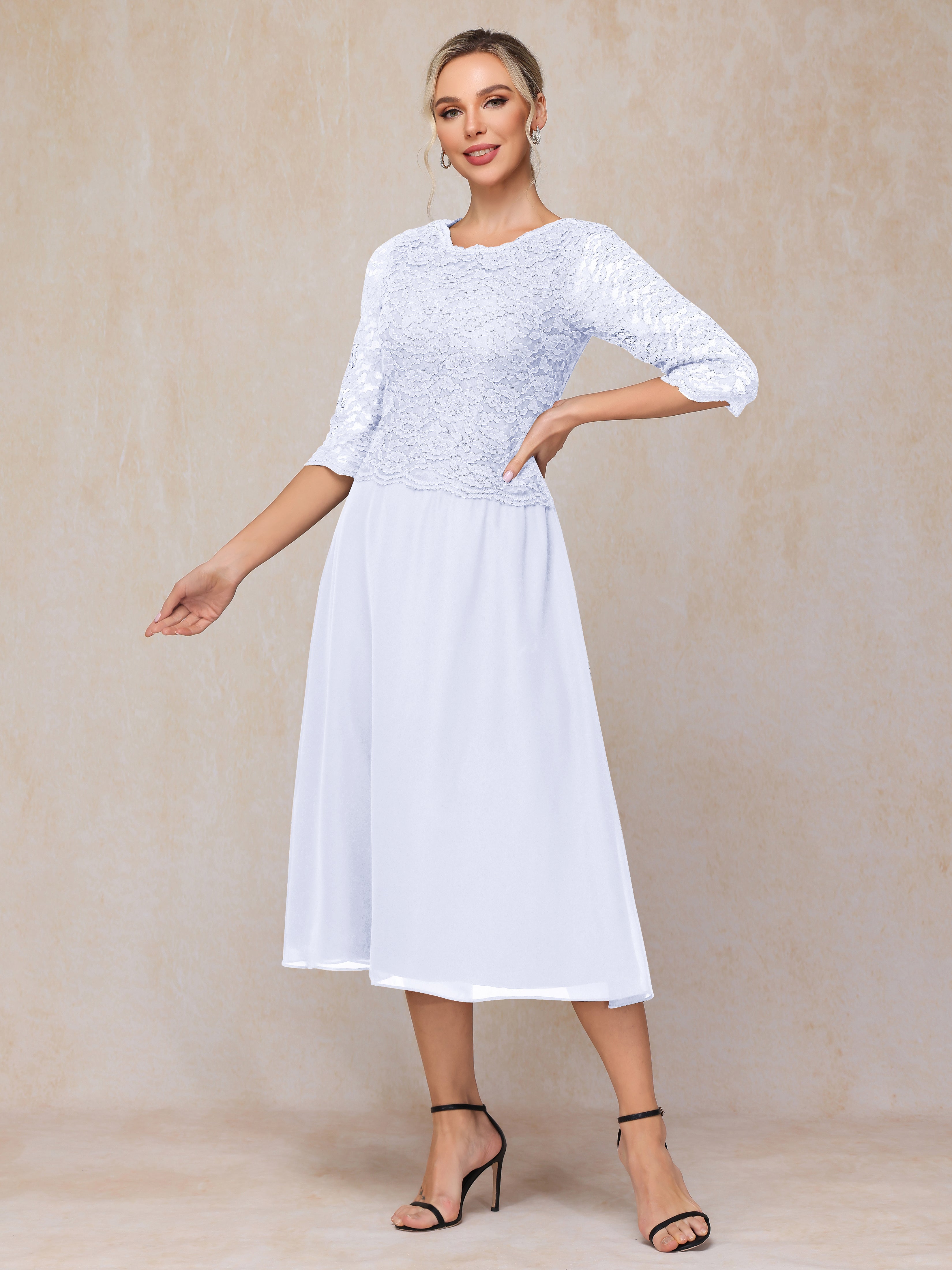 A-Line Tea Length Chiffon Lace Mother Of The Bride Dress