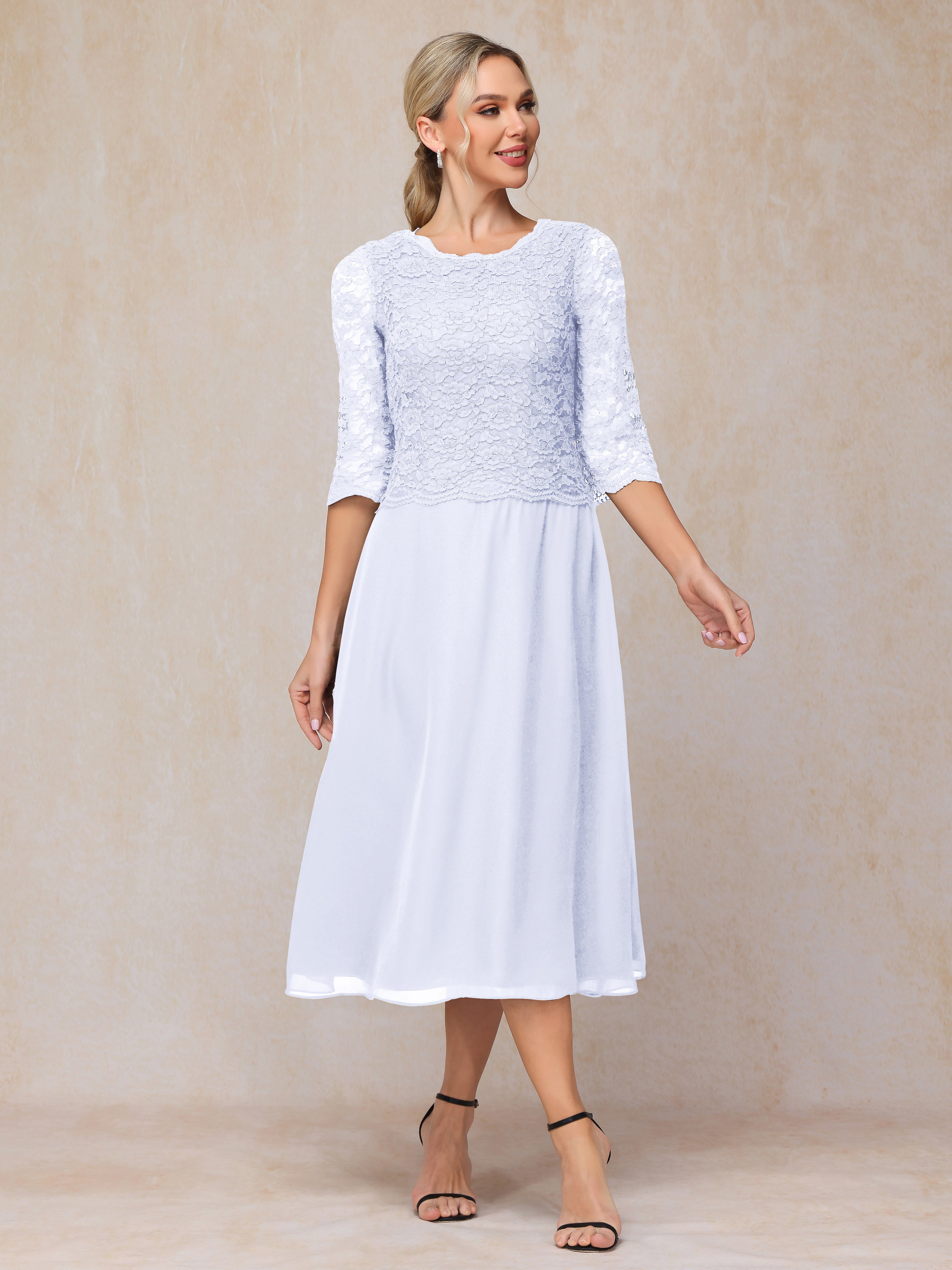 A-Line Tea Length Chiffon Lace Mother Of The Bride Dress