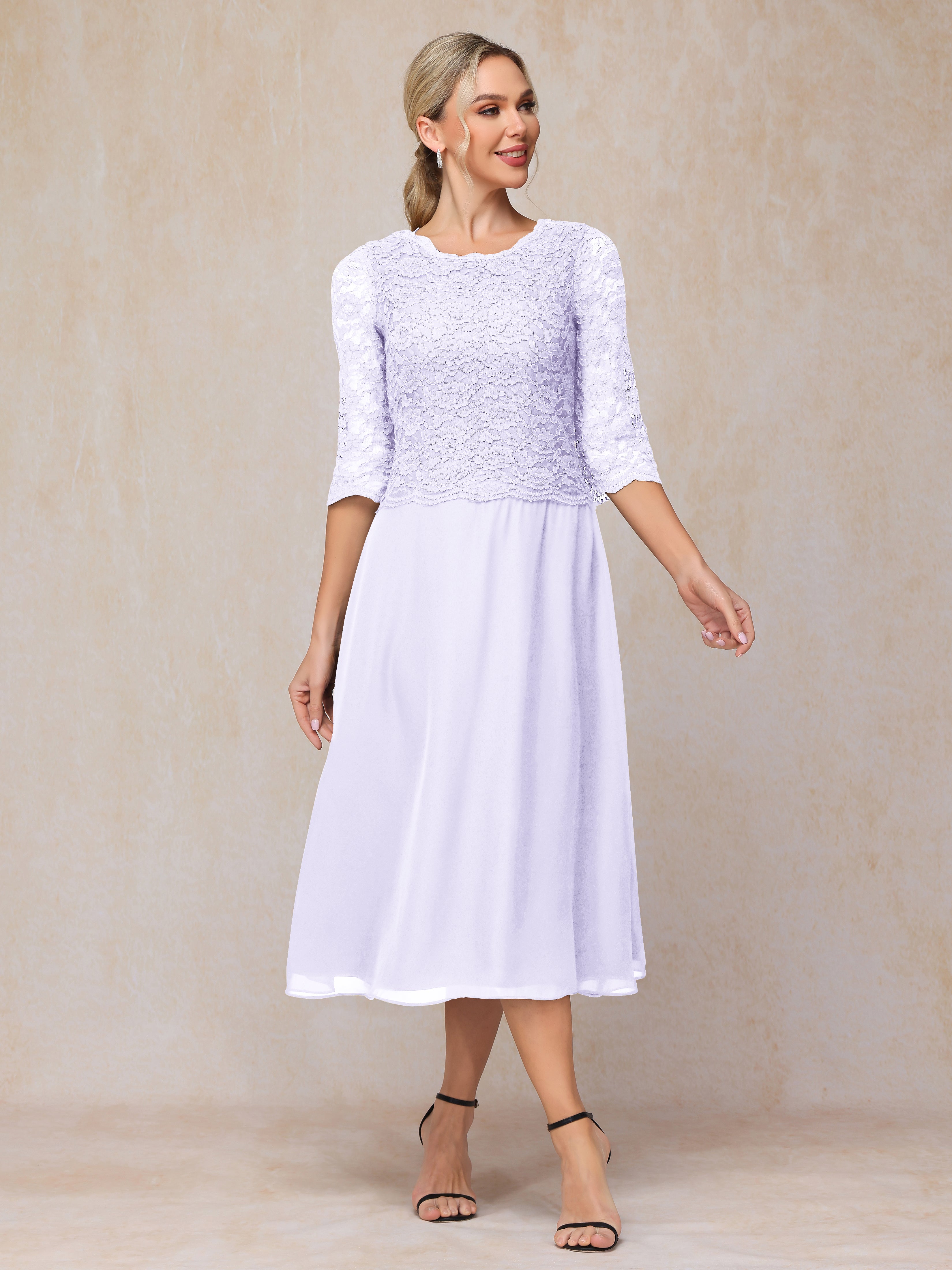 A-Line Tea Length Chiffon Lace Mother Of The Bride Dress