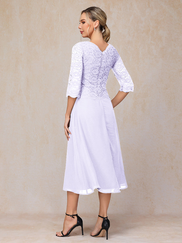 A-Line Tea Length Chiffon Lace Mother Of The Bride Dress