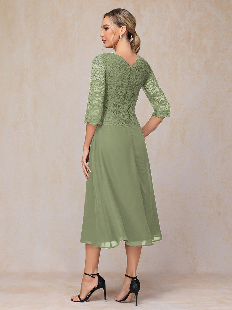 A-Line Tea Length Chiffon Lace Mother Of The Bride Dress