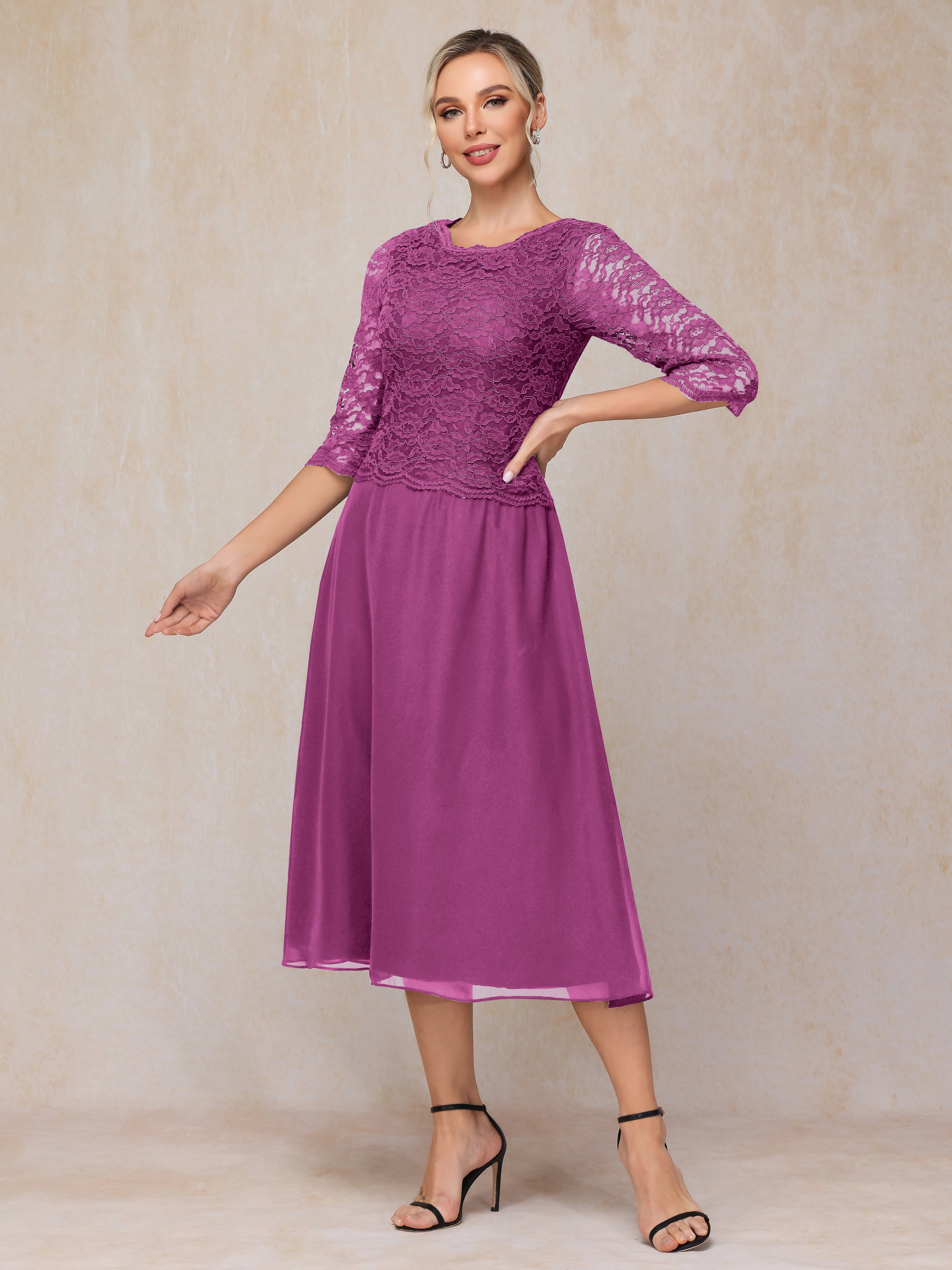 A-Line Tea Length Chiffon Lace Mother Of The Bride Dress