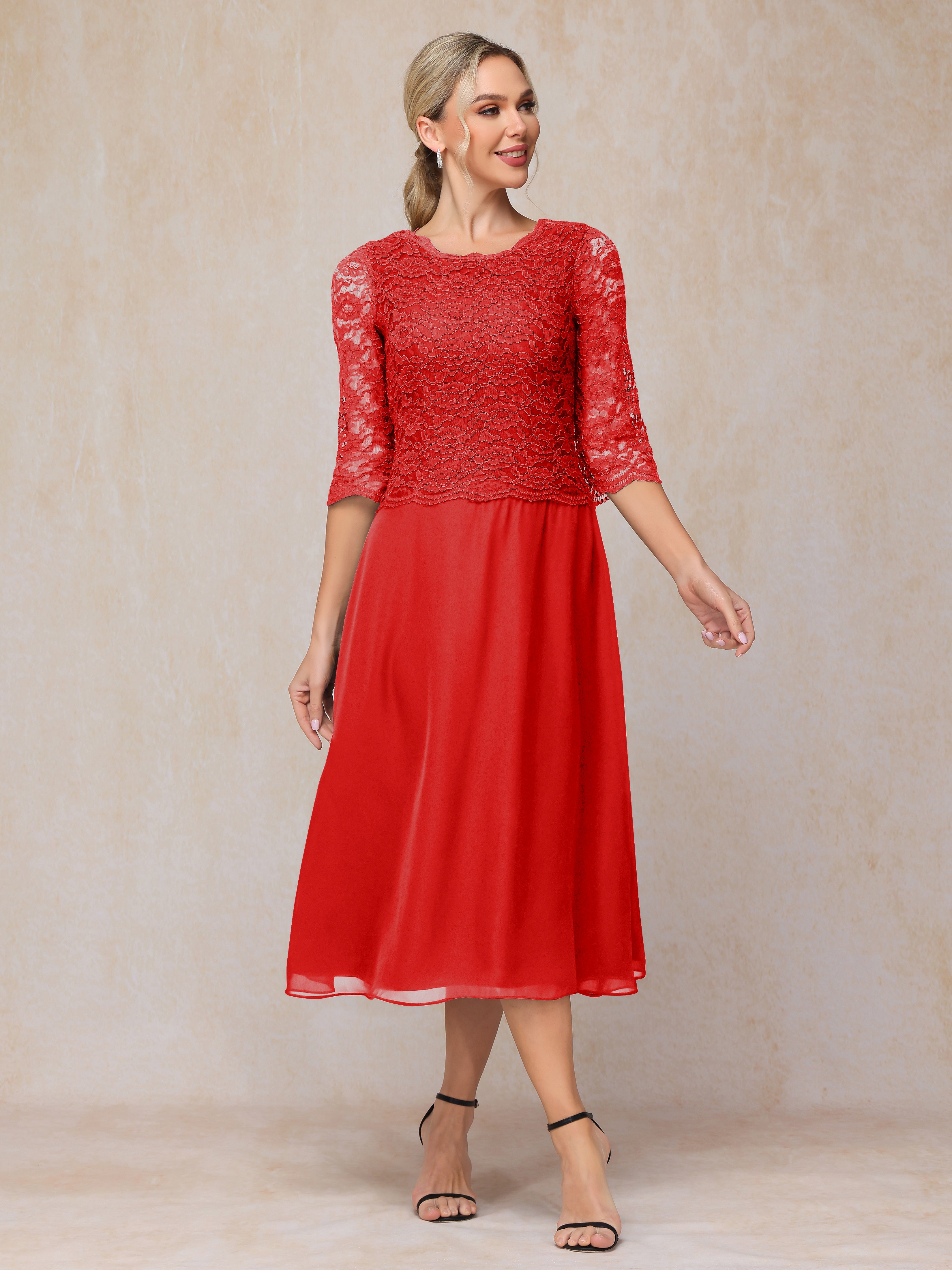 A-Line Tea Length Chiffon Lace Mother Of The Bride Dress