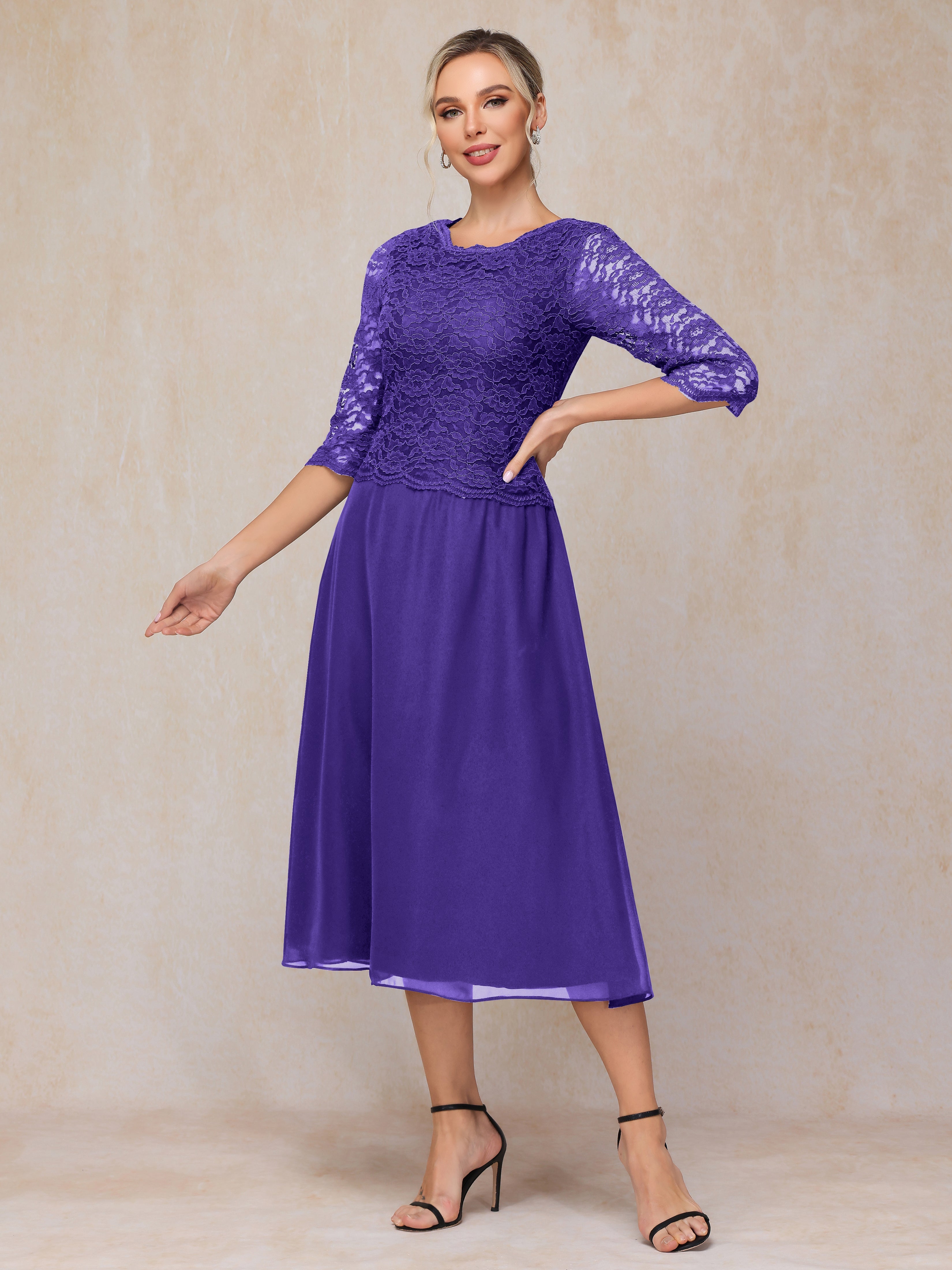 A-Line Tea Length Chiffon Lace Mother Of The  Groom Dress