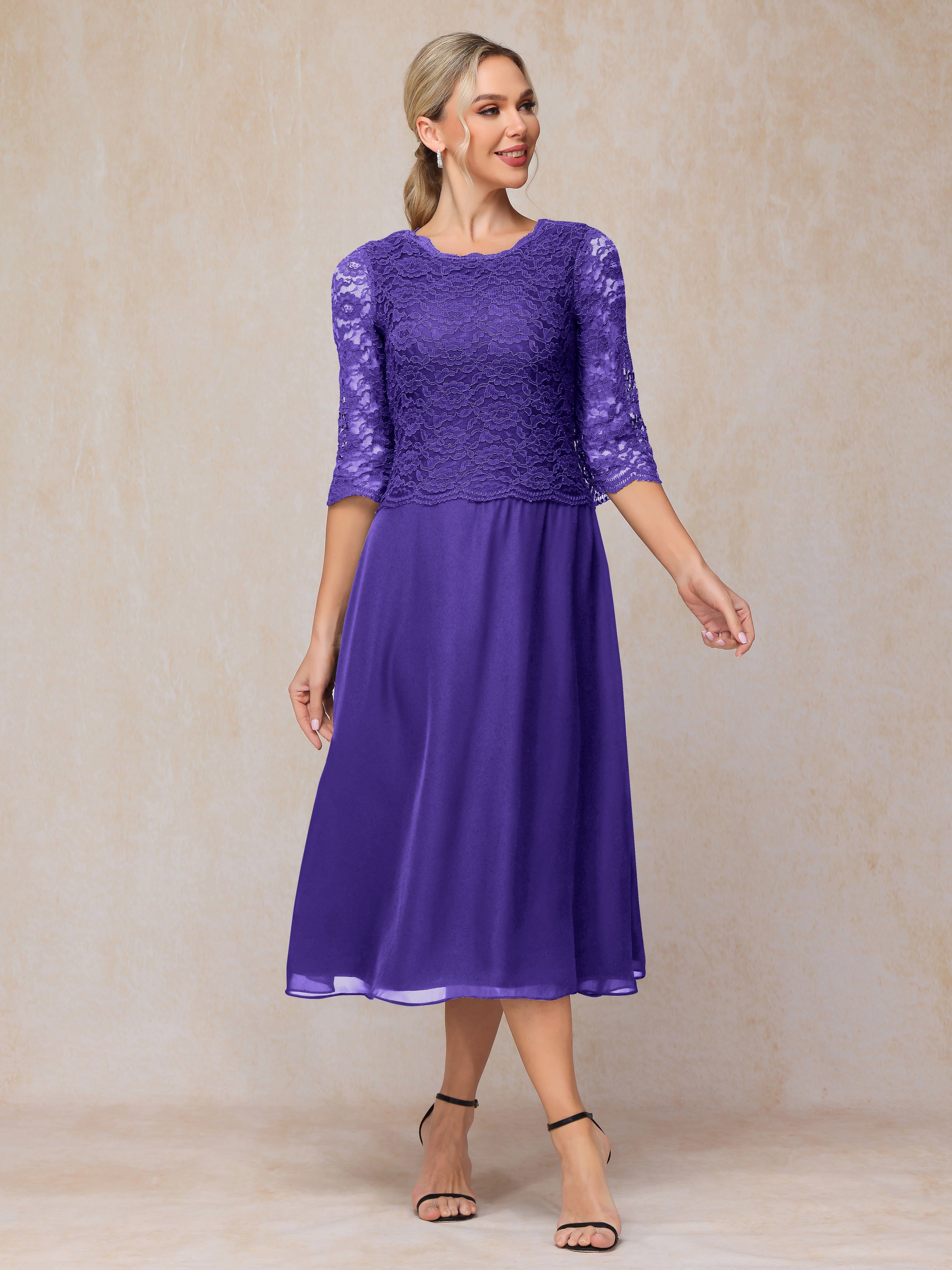 A-Line Tea Length Chiffon Lace Mother Of The Bride Dress