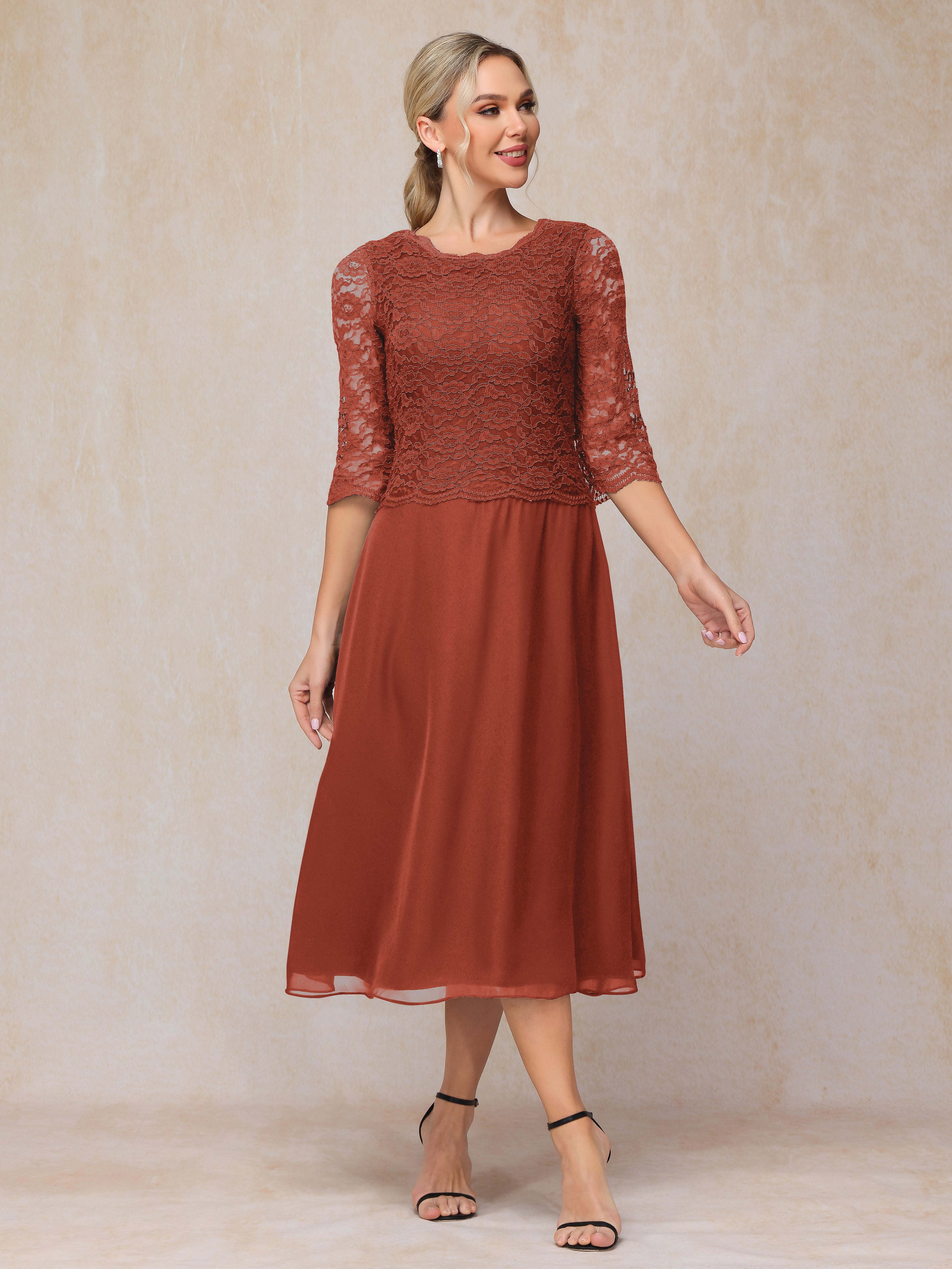 A-Line Tea Length Chiffon Lace Mother Of The Bride Dress