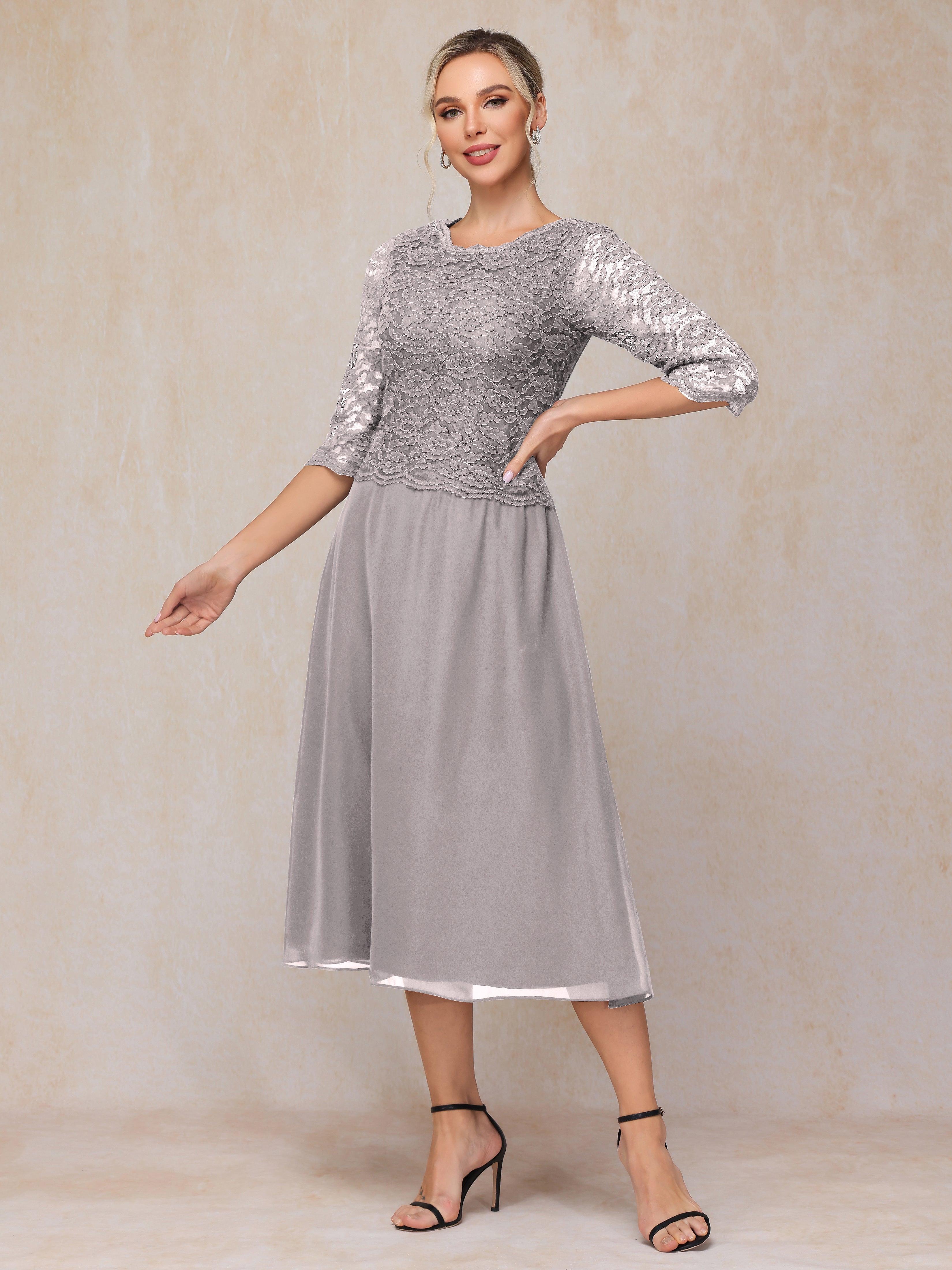 A-Line Tea Length Chiffon Lace Mother Of The Bride Dress