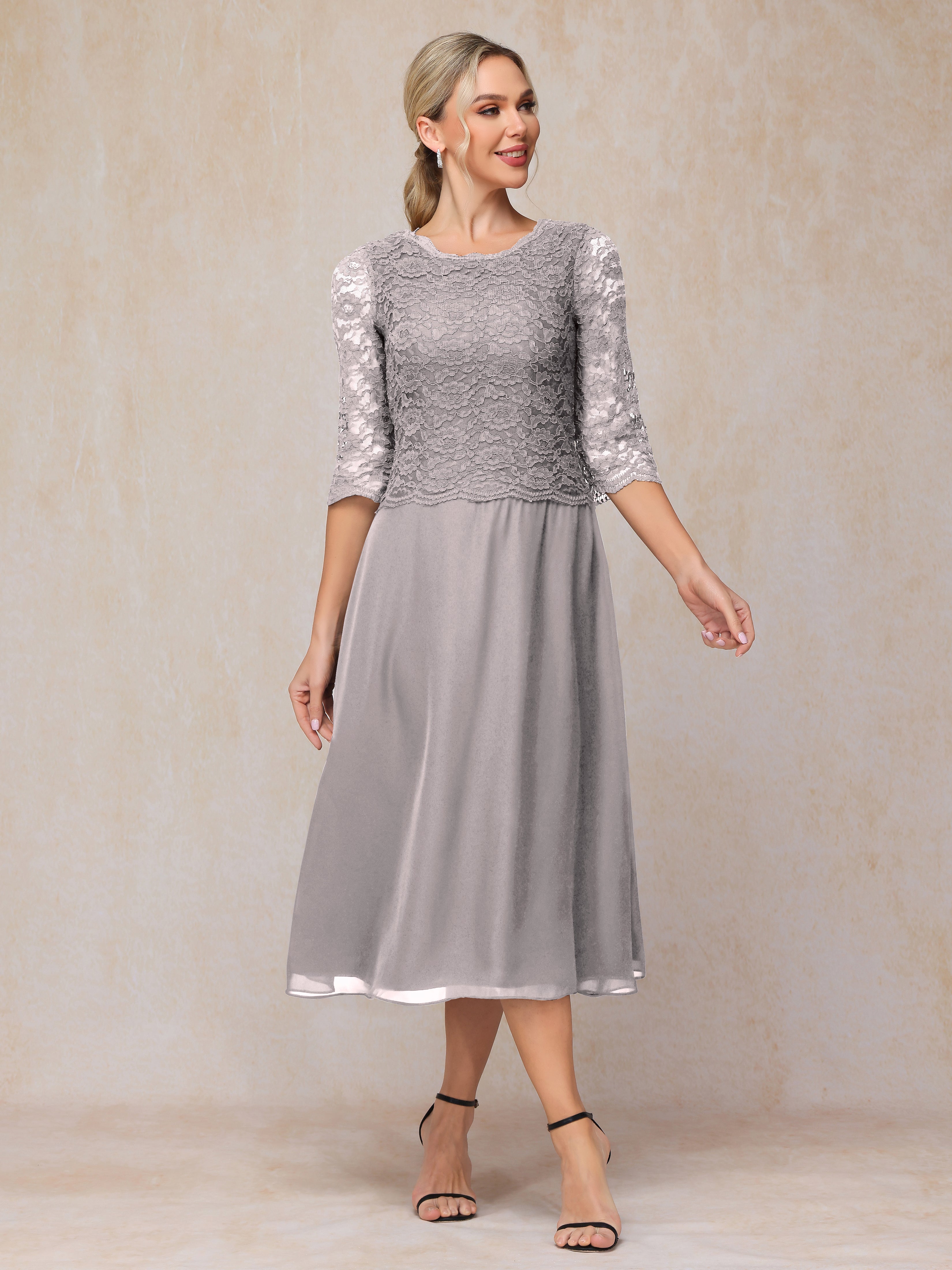 A-Line Tea Length Chiffon Lace Mother Of The Bride Dress