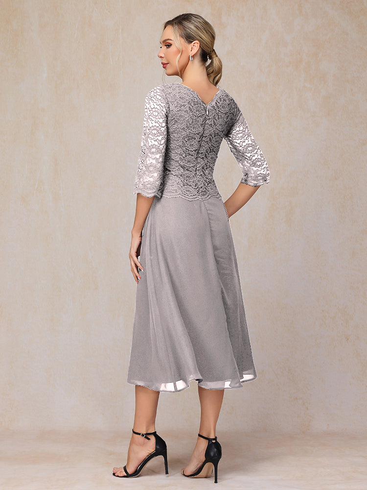 A-Line Tea Length Chiffon Lace Mother Of The Bride Dress