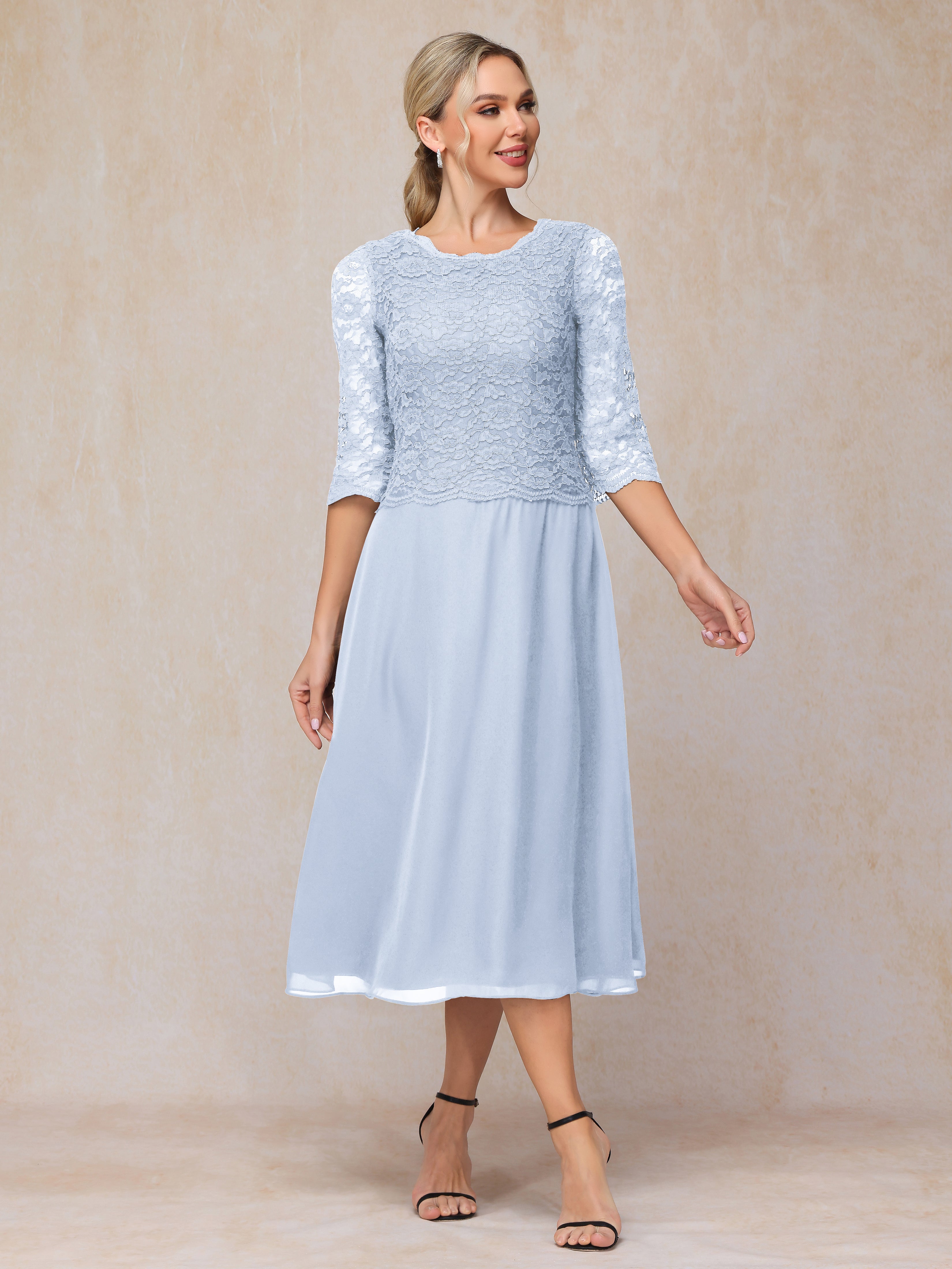 A-Line Tea Length Chiffon Lace Mother Of The Bride Dress