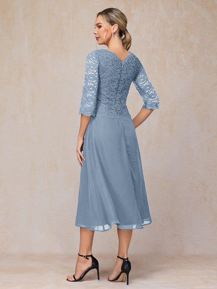 A-Line Tea Length Chiffon Lace Mother Of The Bride Dress