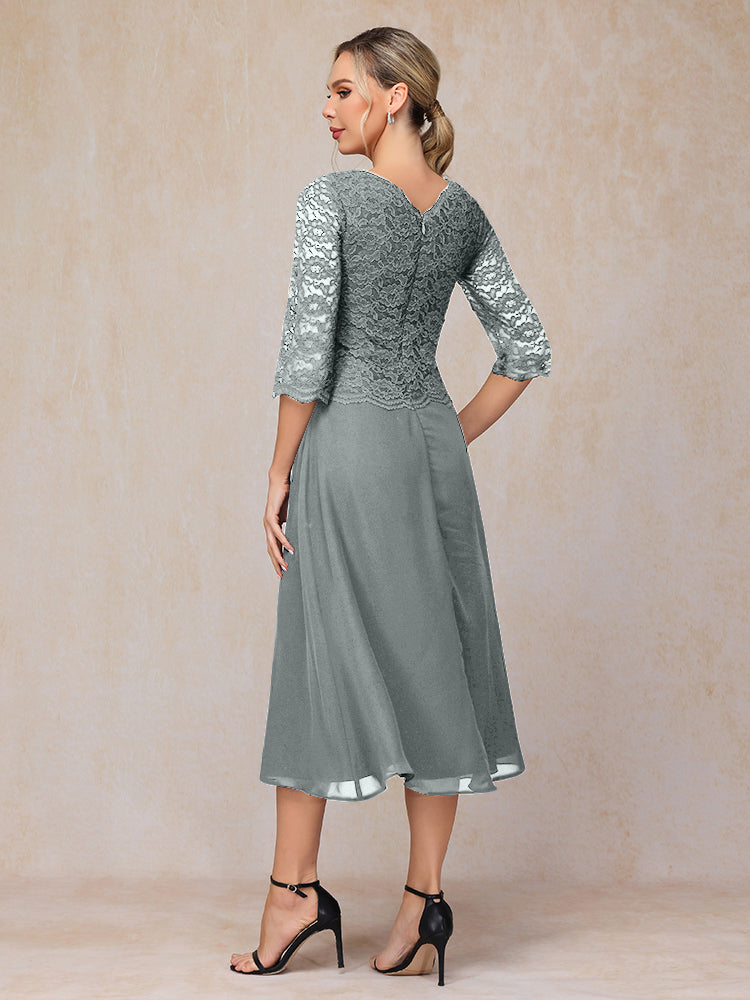 A-Line Tea Length Chiffon Lace Mother Of The Bride Dress