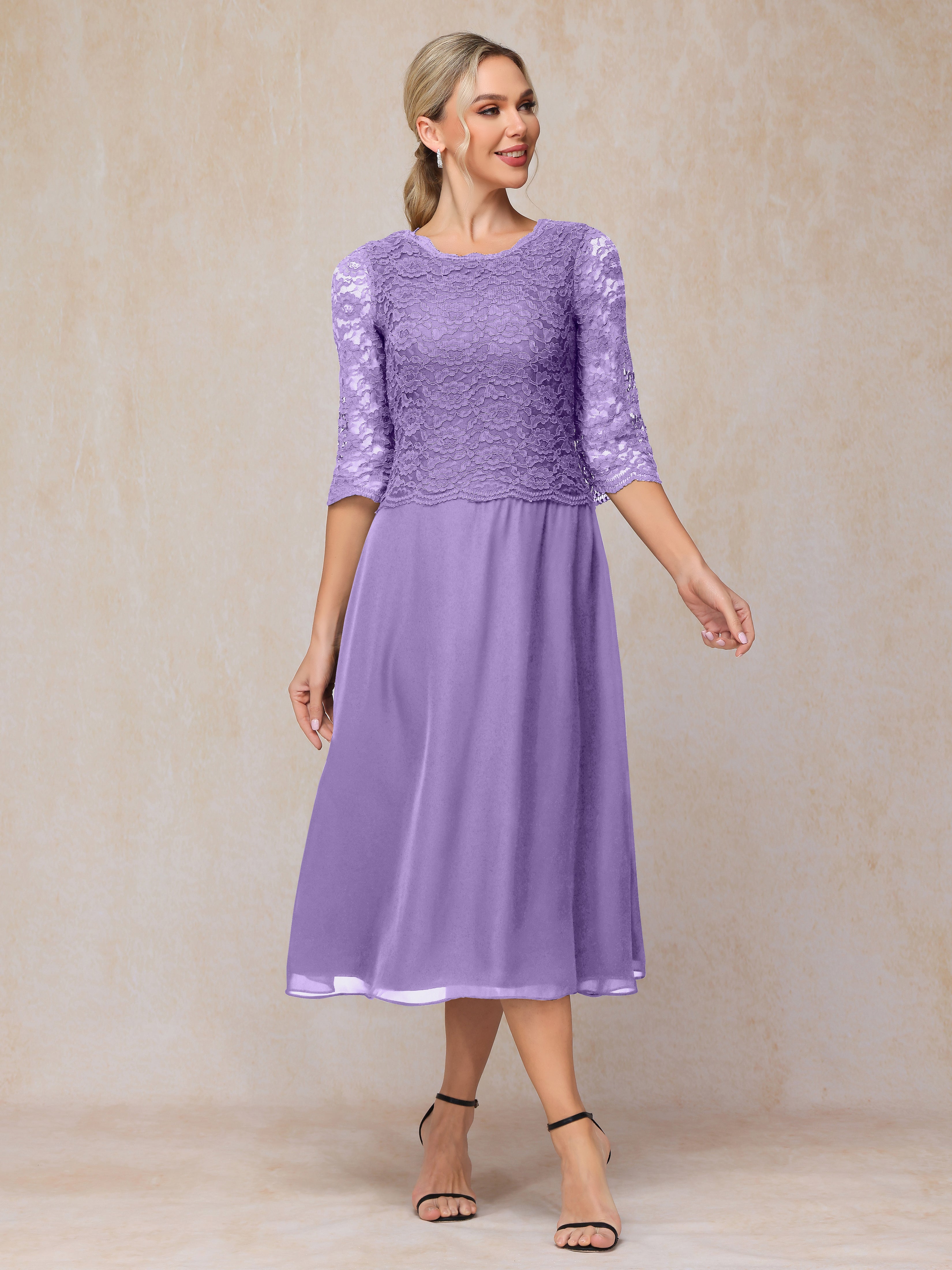 A-Line Tea Length Chiffon Lace Mother Of The Bride Dress