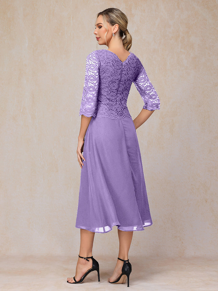 A-Line Tea Length Chiffon Lace Mother Of The Bride Dress