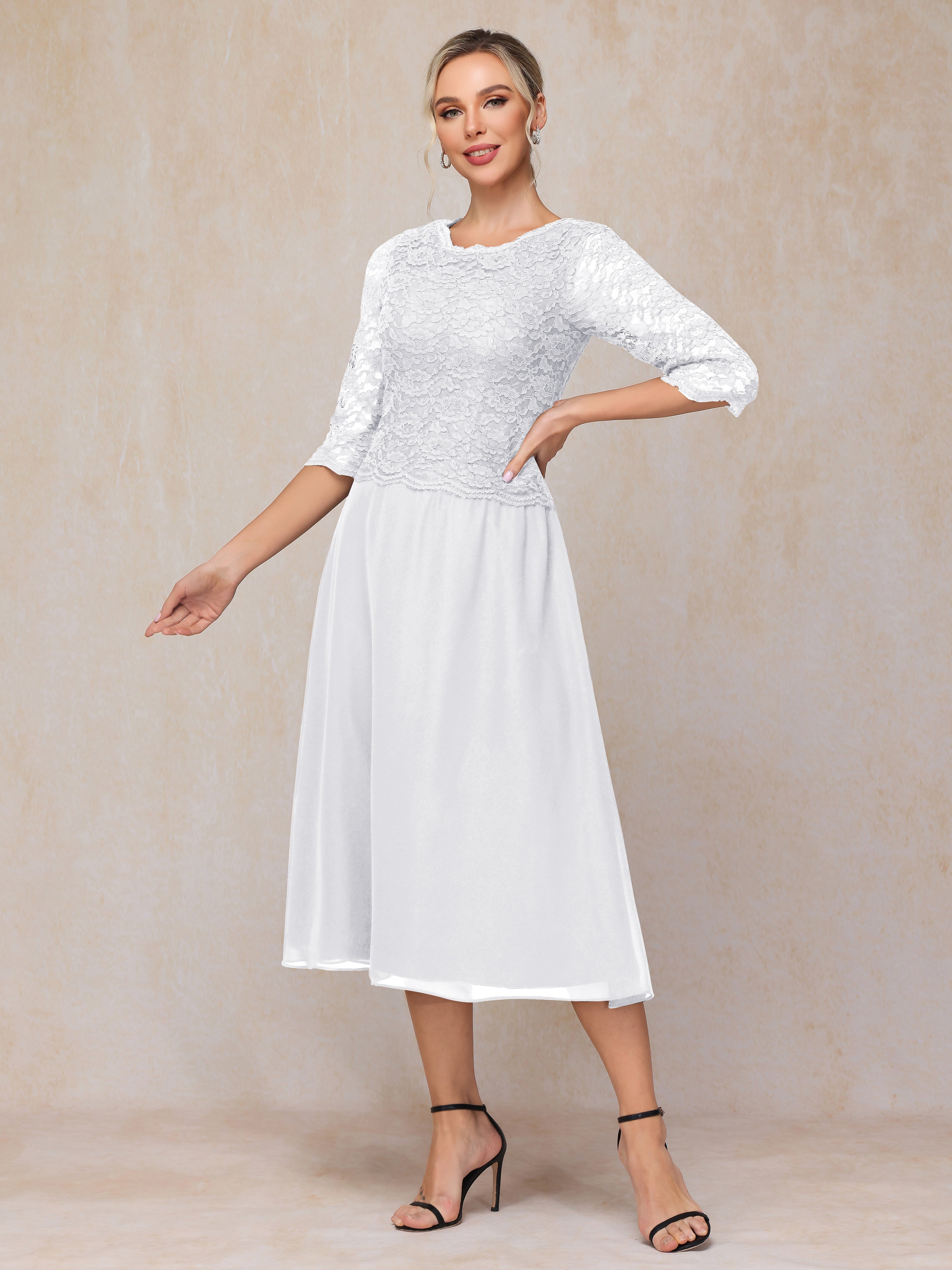 A-Line Tea Length Chiffon Lace Mother Of The Bride Dress