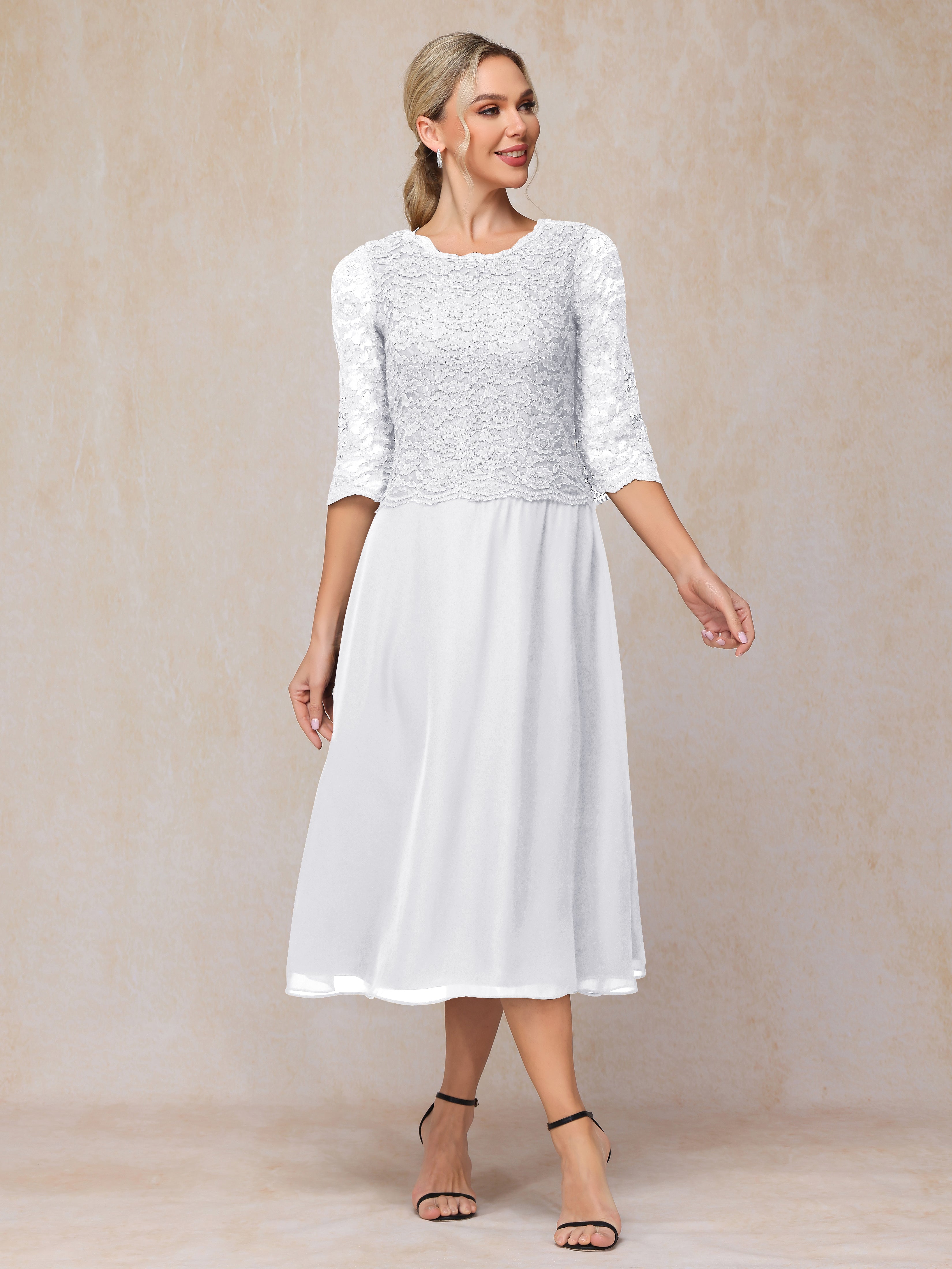 A-Line Tea Length Chiffon Lace Mother Of The Bride Dress