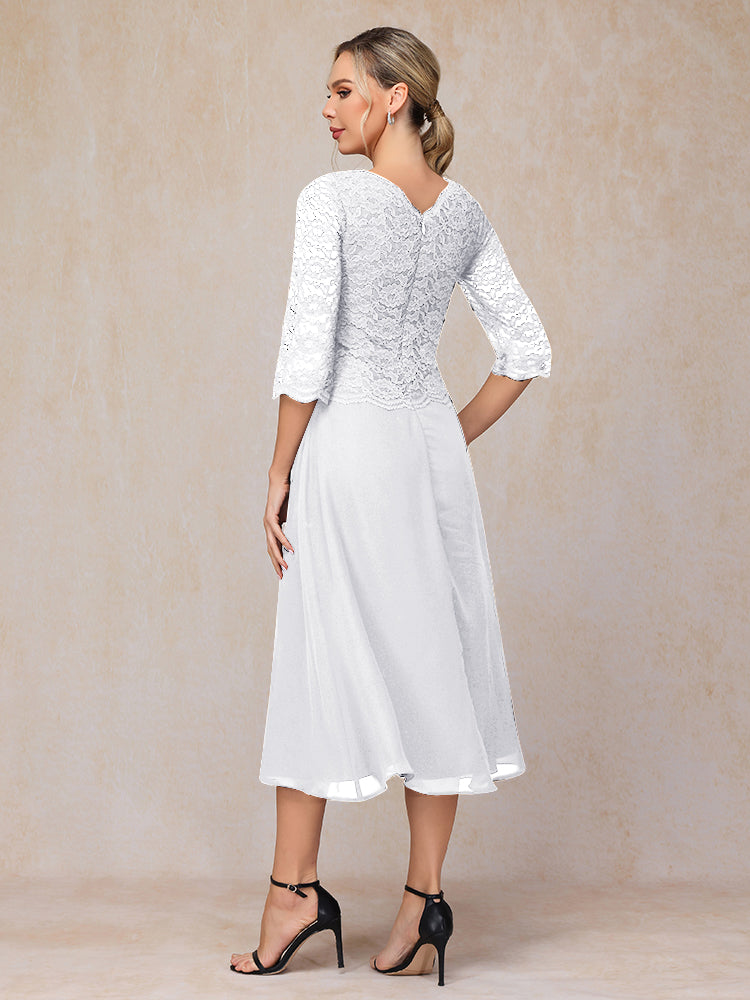 A-Line Tea Length Chiffon Lace Mother Of The Bride Dress