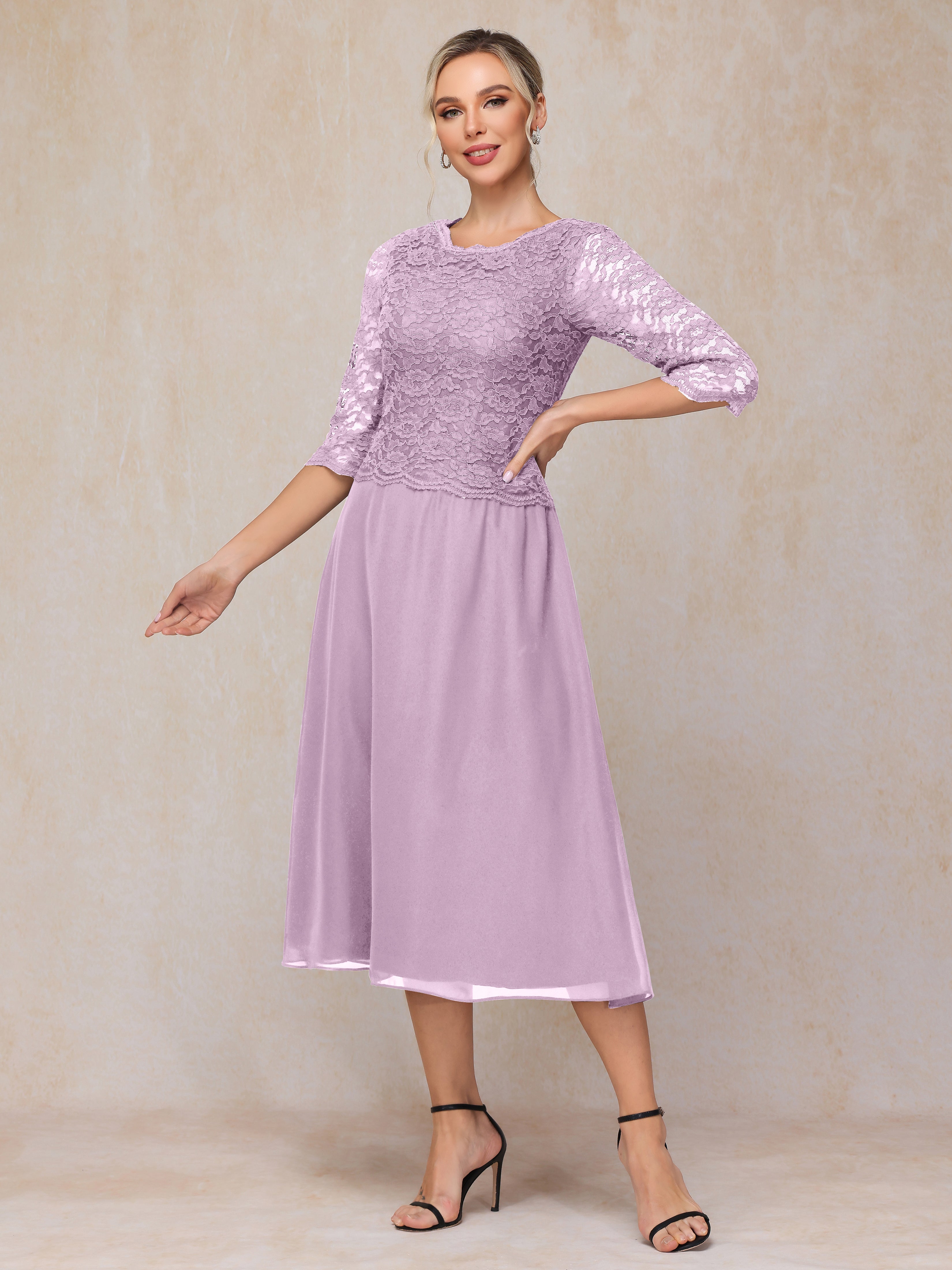 A-Line Tea Length Chiffon Lace Mother Of The Bride Dress