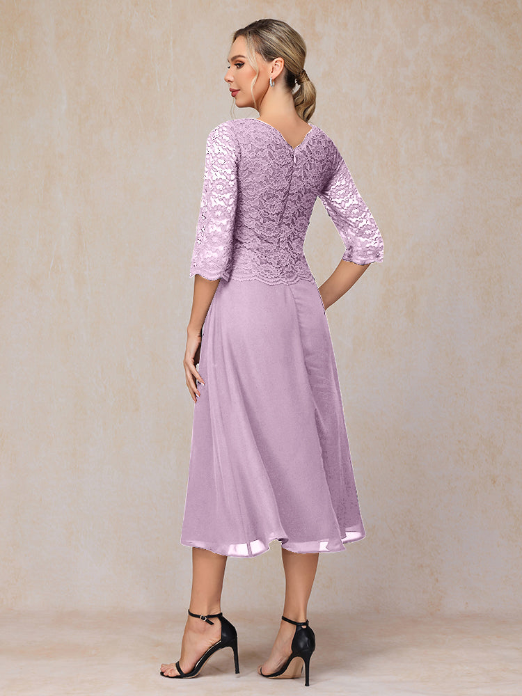 A-Line Tea Length Chiffon Lace Mother Of The Bride Dress