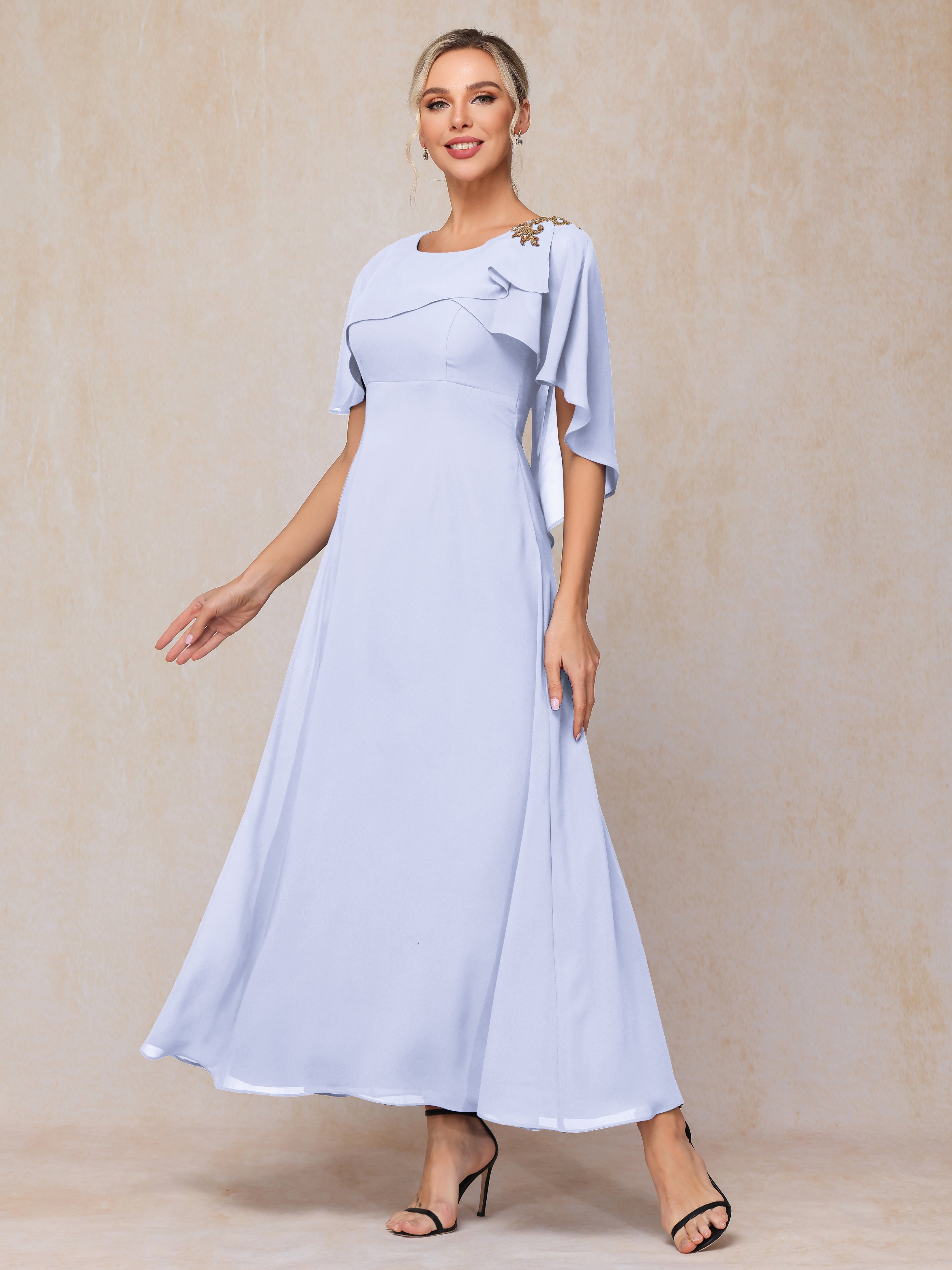 Formal Short Sleeves Ankle Length Chiffon Wedding Guest Dresses