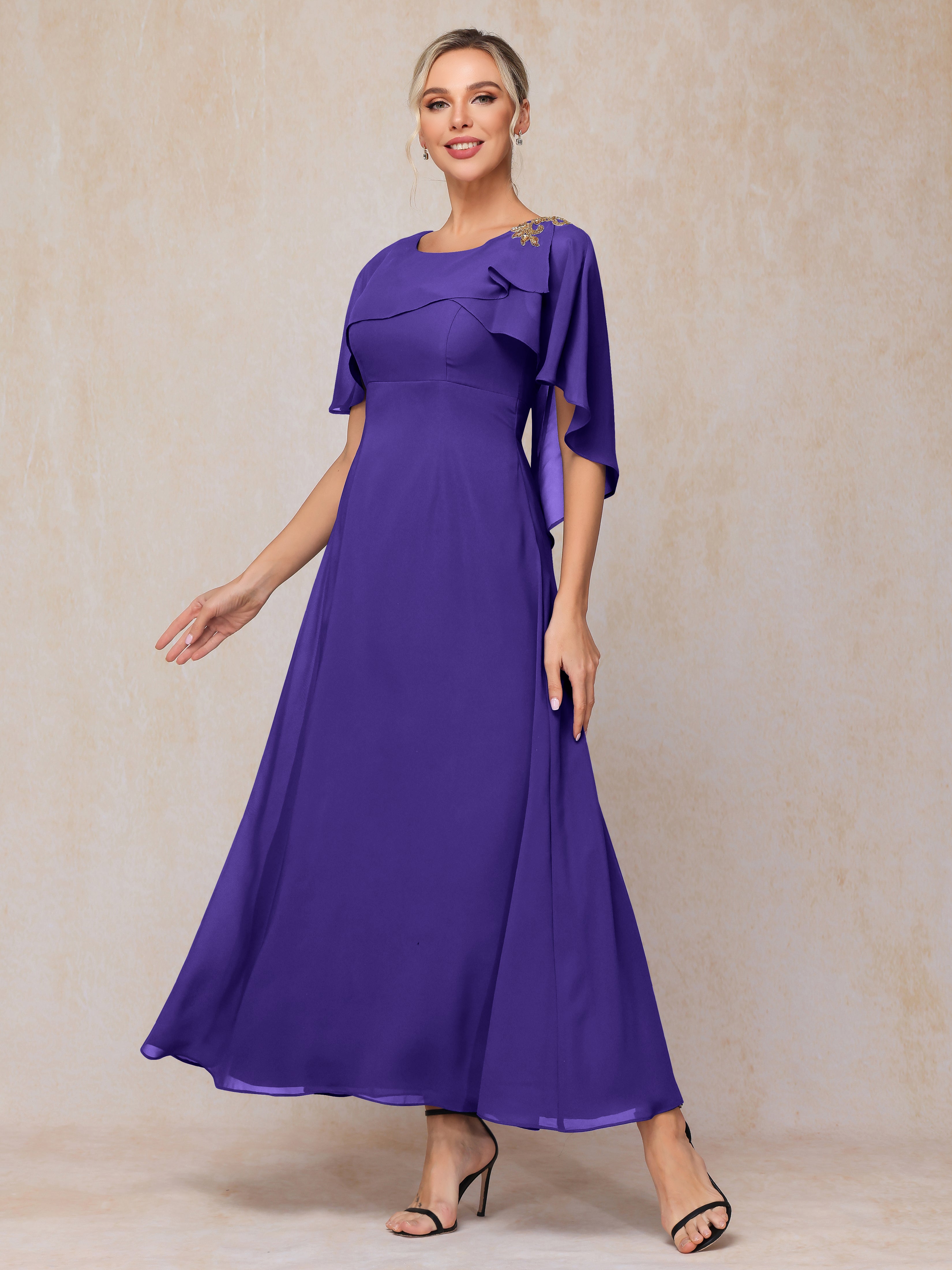 Formal Short Sleeves Ankle Length Chiffon Wedding Guest Dresses