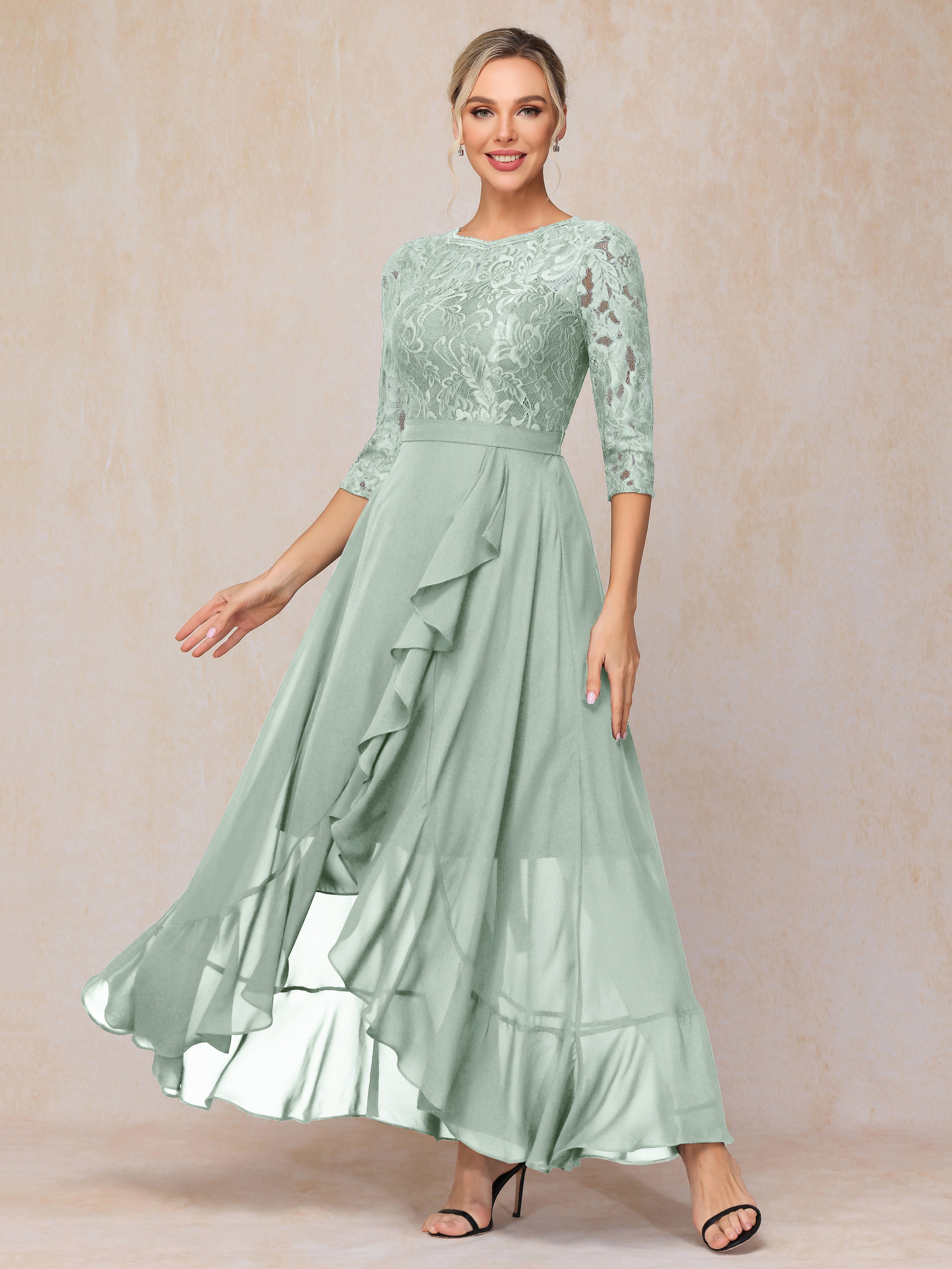 Ankle Length Short Sleeves Chiffon Lace Mother Of The  Groom Dress