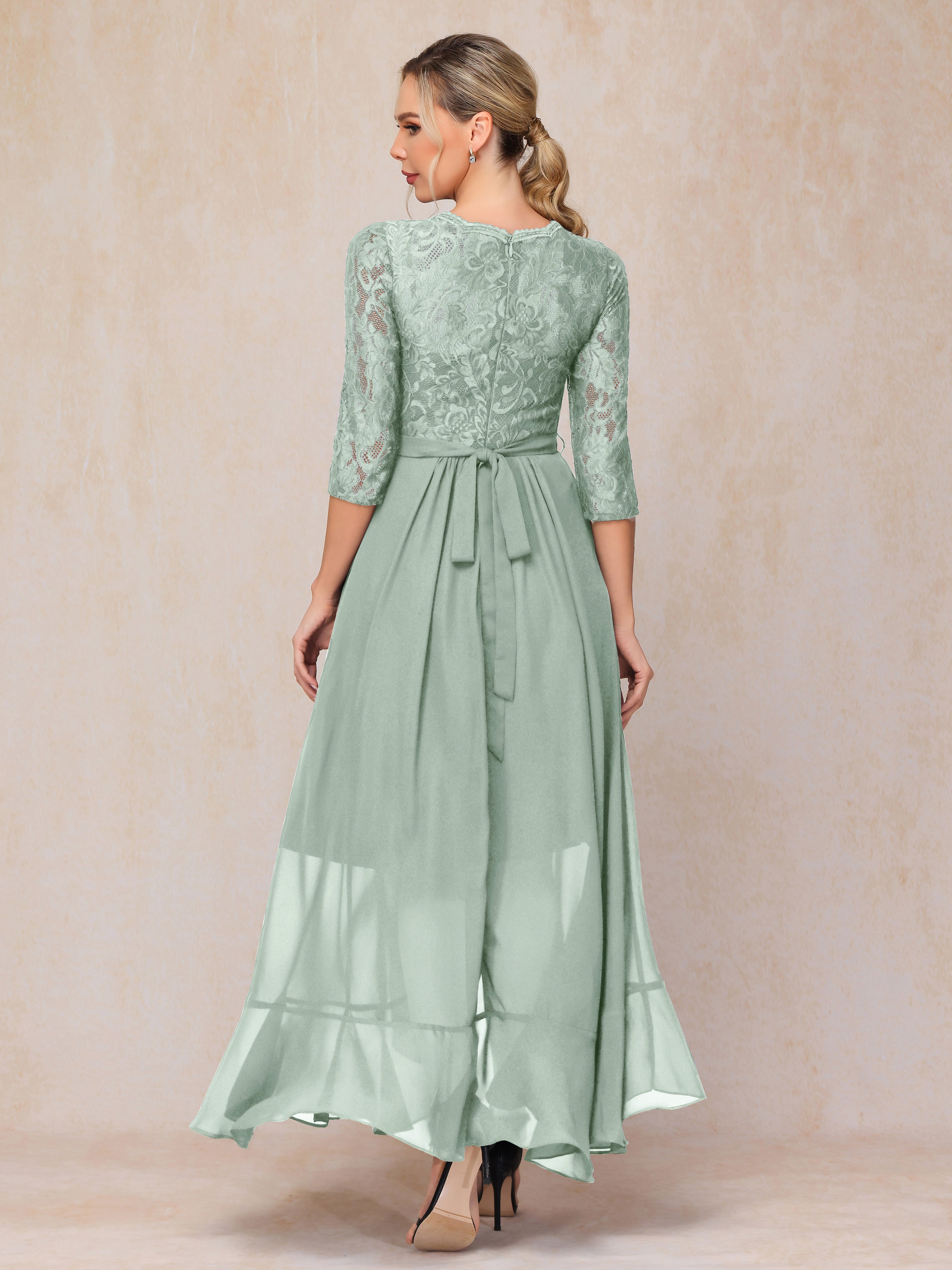 Ankle Length Short Sleeves Chiffon Lace Mother Of The Bride Dress