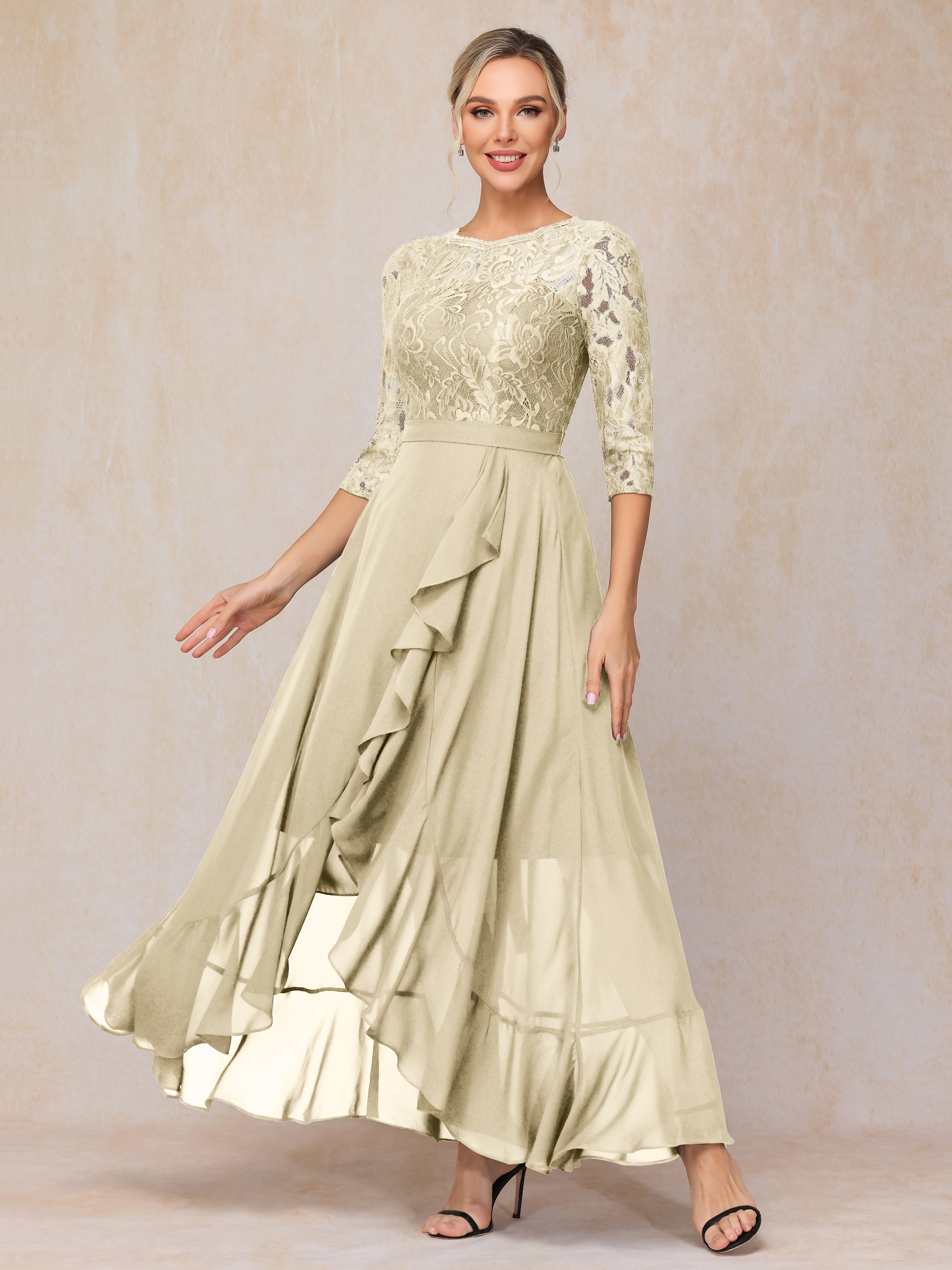 Ankle Length Short Sleeves Chiffon Lace Mother Of The Bride Dress