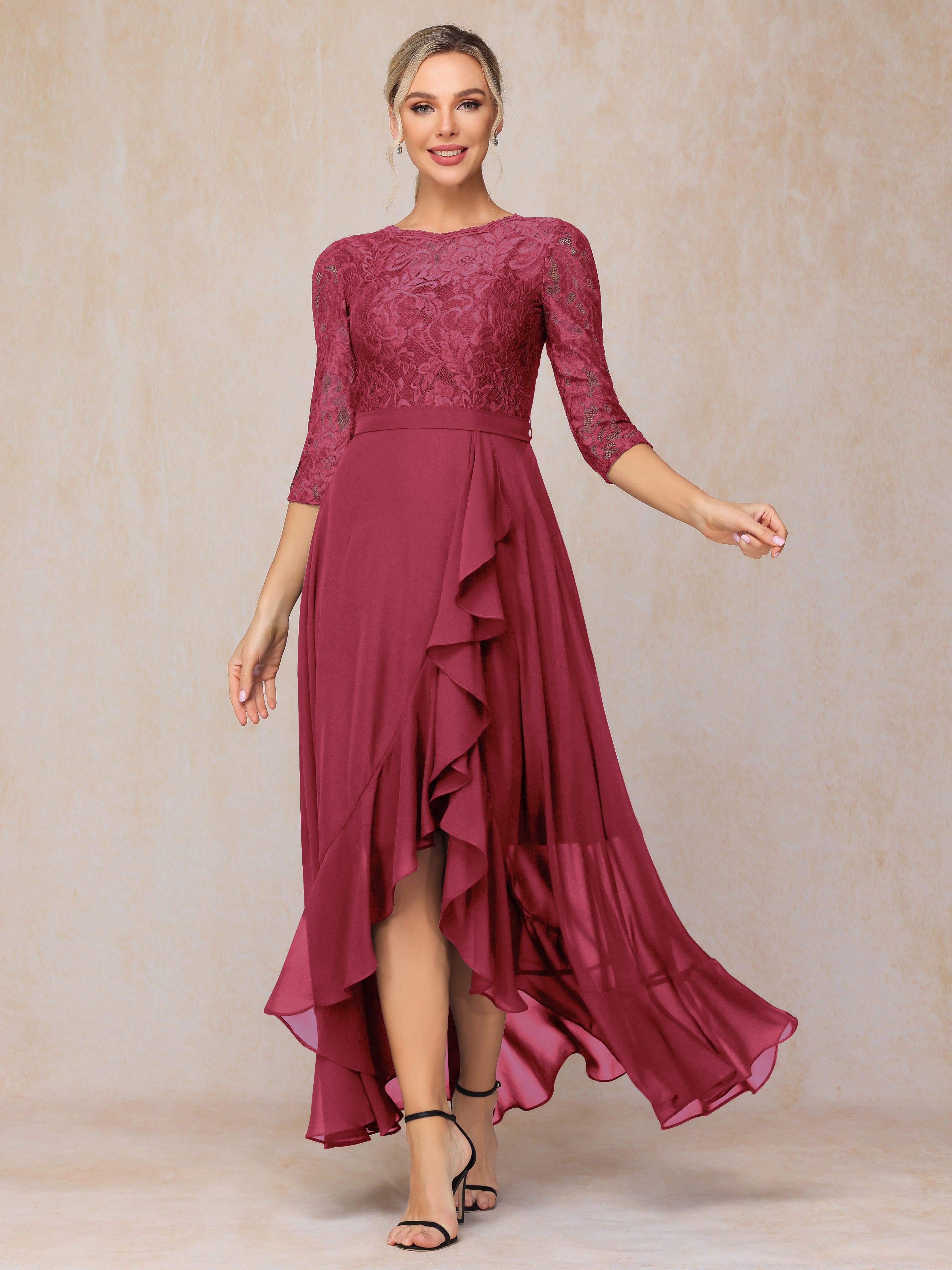 Ankle Length Short Sleeves Chiffon Lace Mother Of The Bride Dress