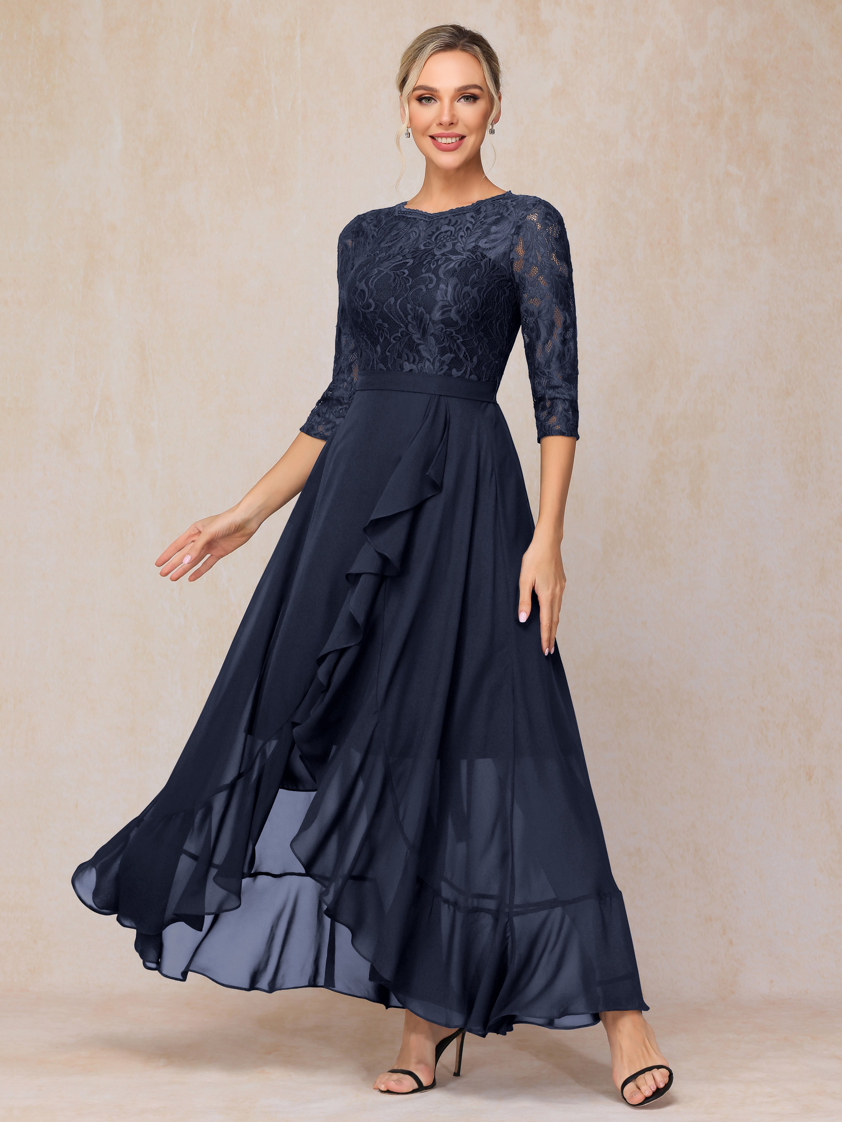 Ankle Length Short Sleeves Chiffon Lace Mother Of The  Groom Dress